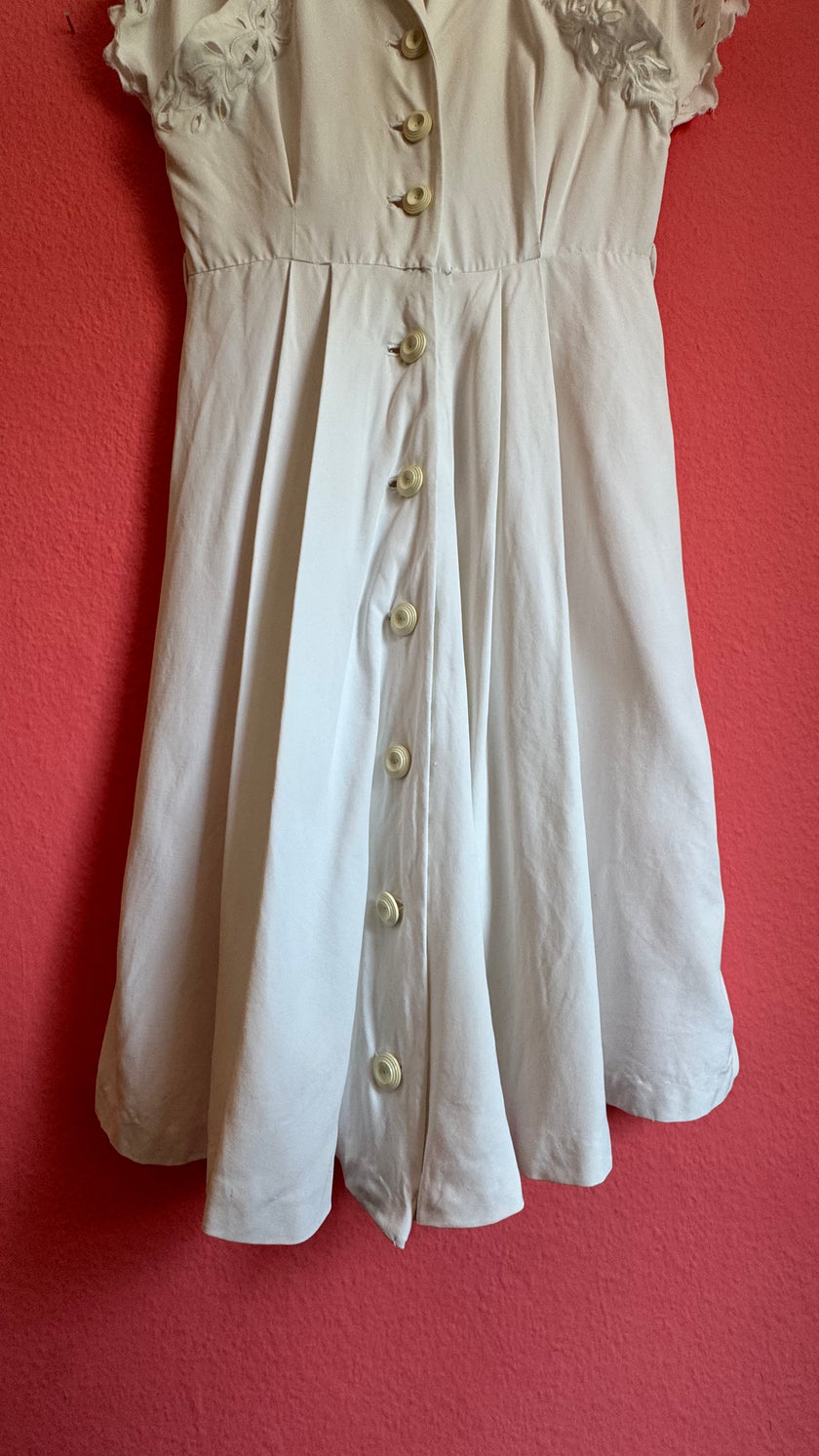 Vintage 1940s Ivory Cutwork Button-Front Dress