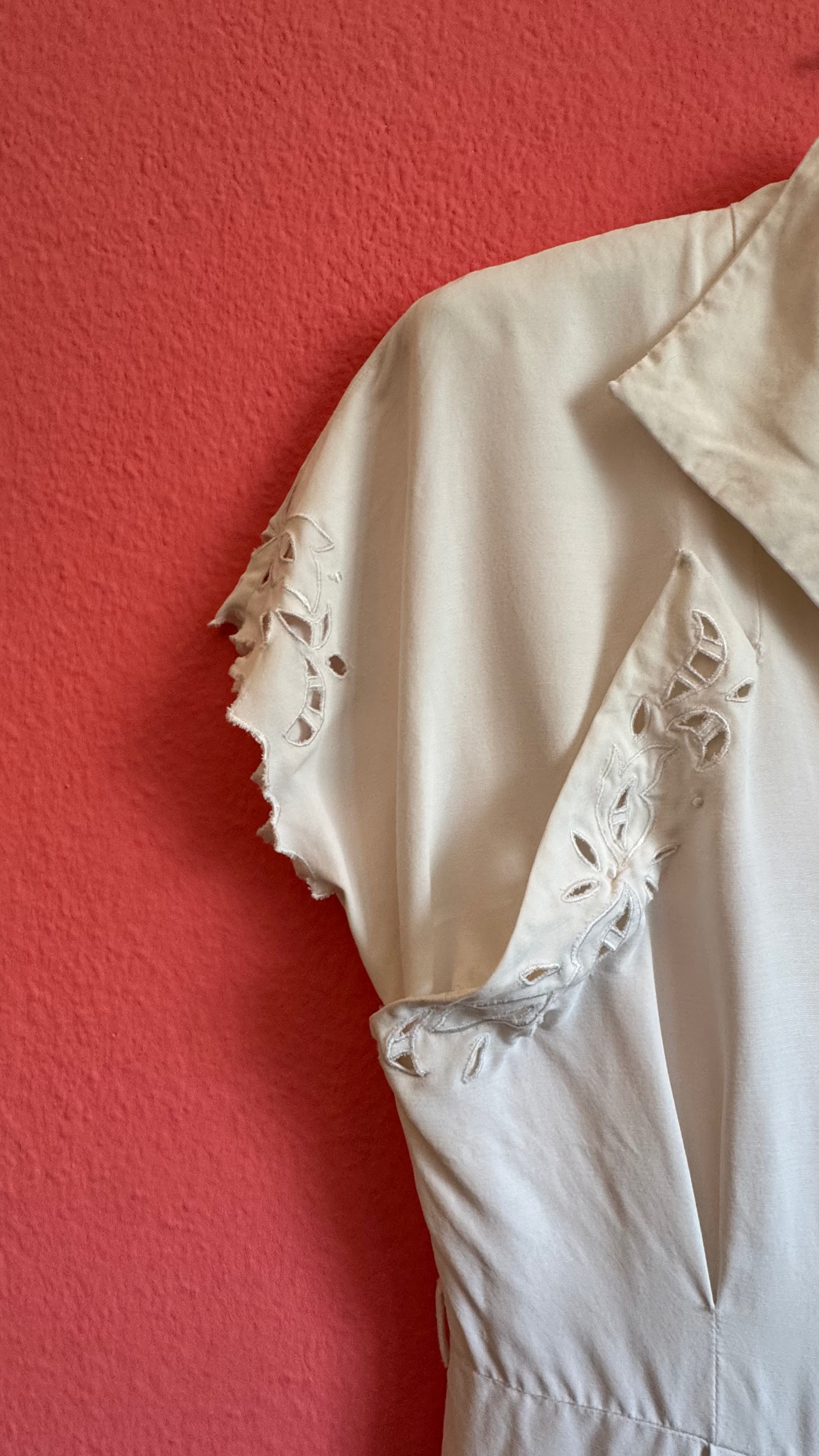 Vintage 1940s Ivory Cutwork Button-Front Dress