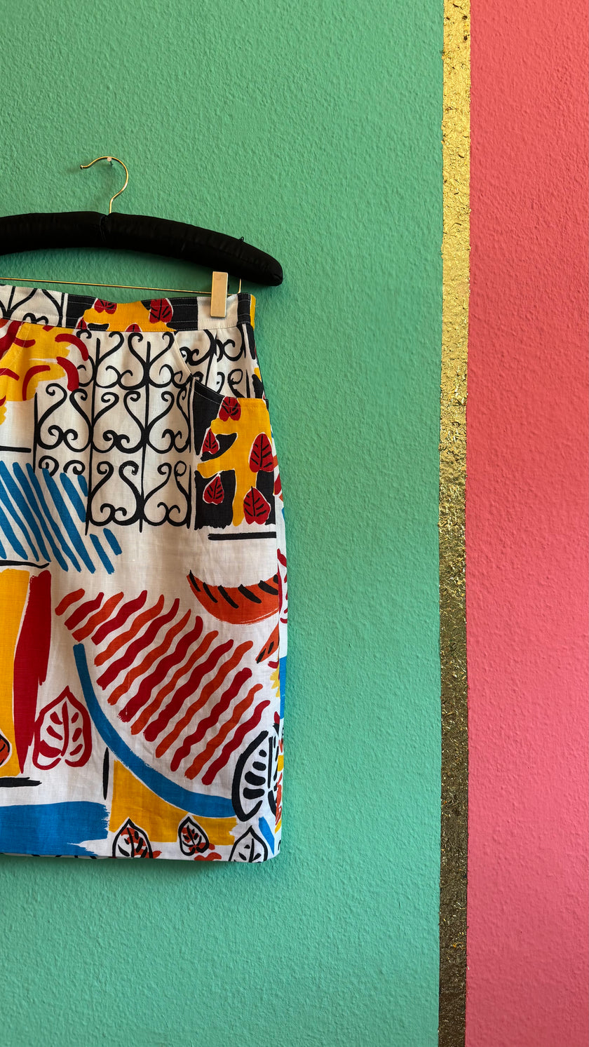 Vintage 1950s Abstract Print Cotton Pencil Skirt