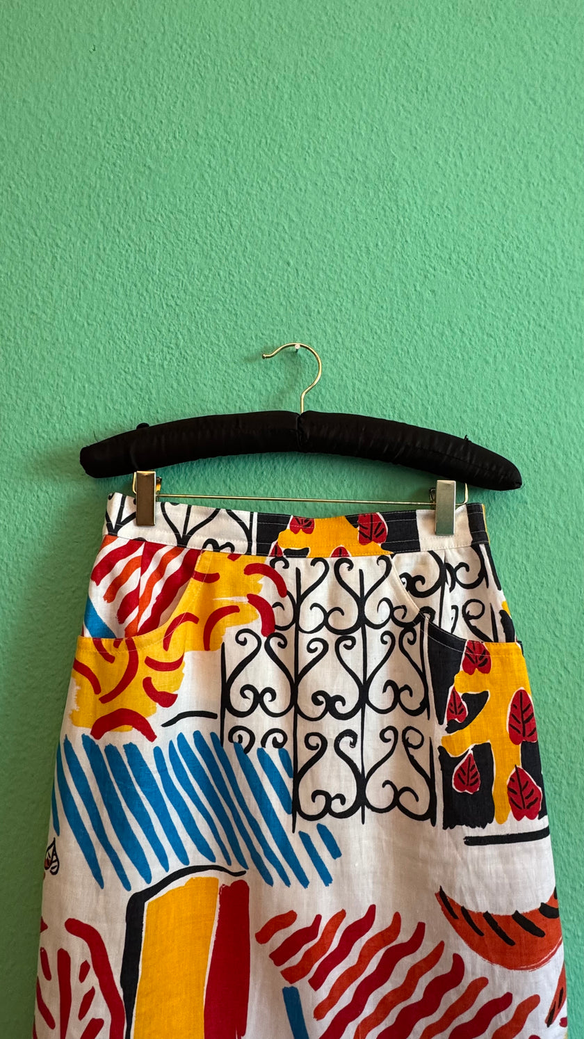 Vintage 1950s Abstract Print Cotton Pencil Skirt