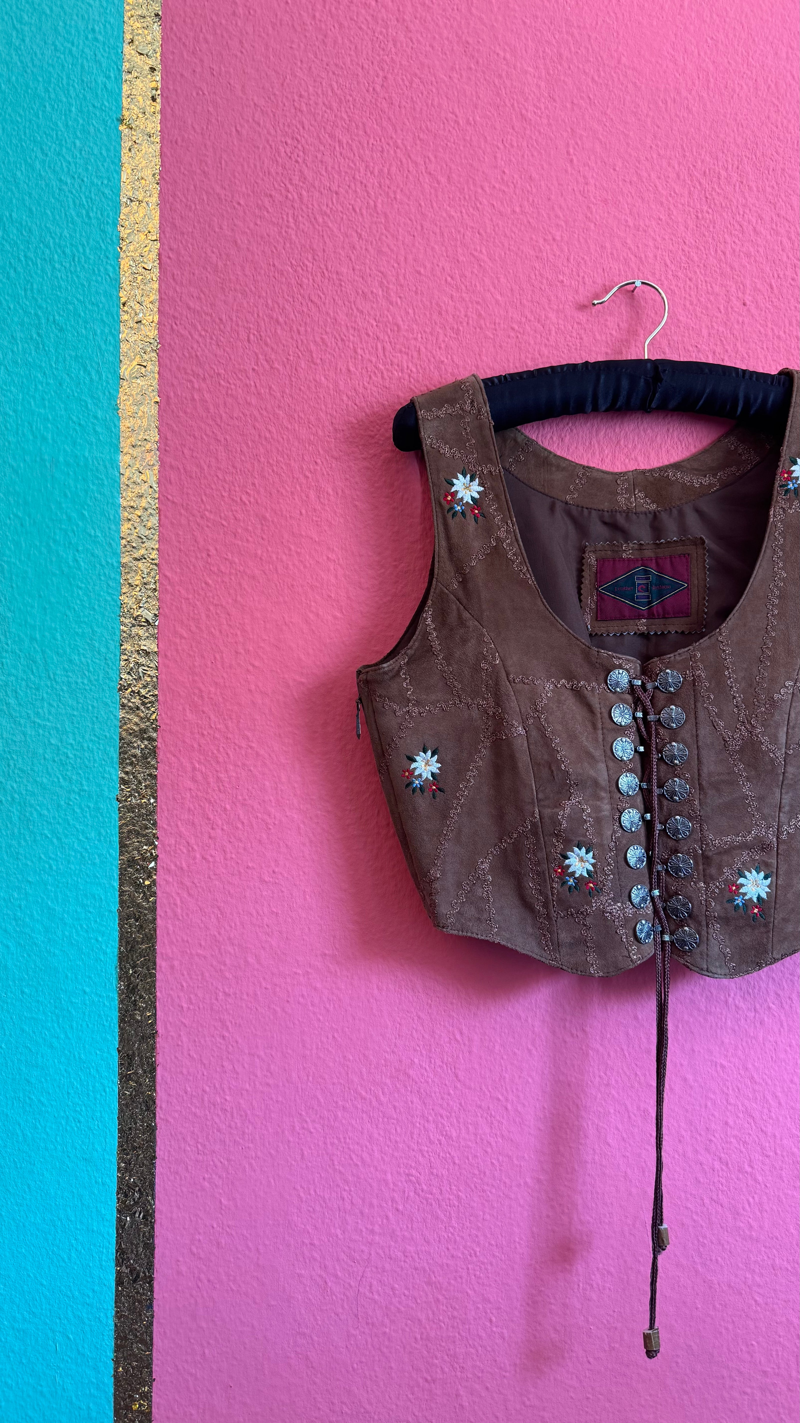 Vintage 1990s Brown Embroidered Folk Vest With Metal Buttons