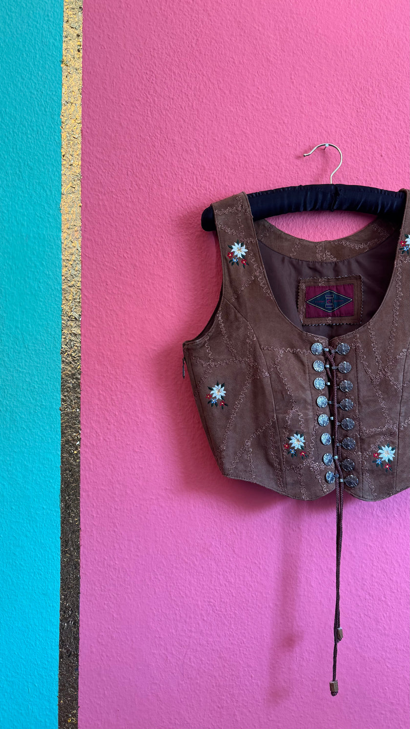 Vintage 1990s Brown Embroidered Folk Vest With Metal Buttons