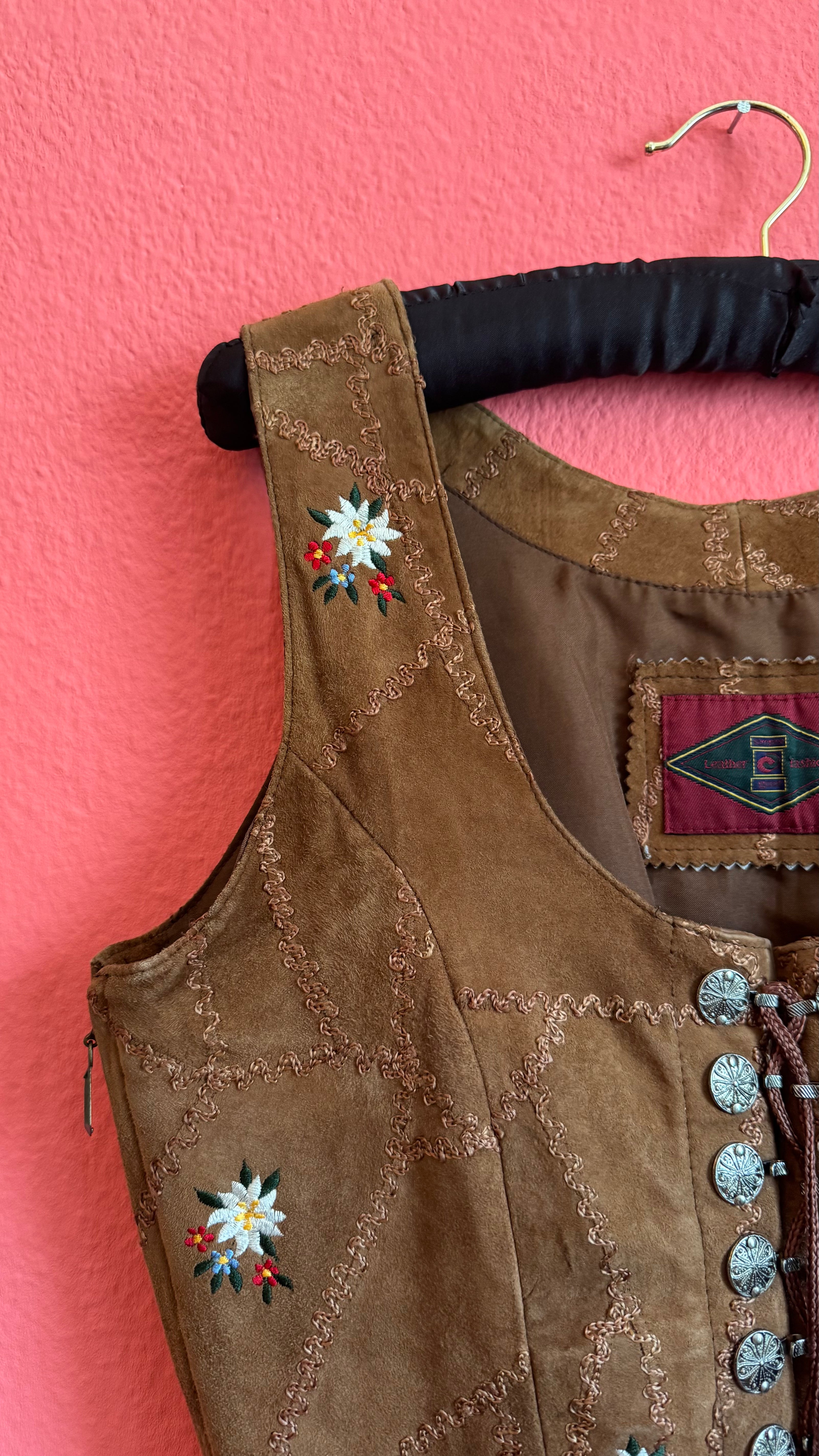 Vintage 1990s Brown Embroidered Folk Vest With Metal Buttons
