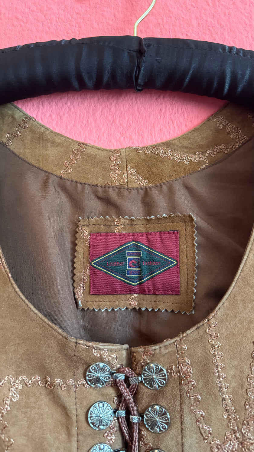 Vintage 1990s Brown Embroidered Folk Vest With Metal Buttons