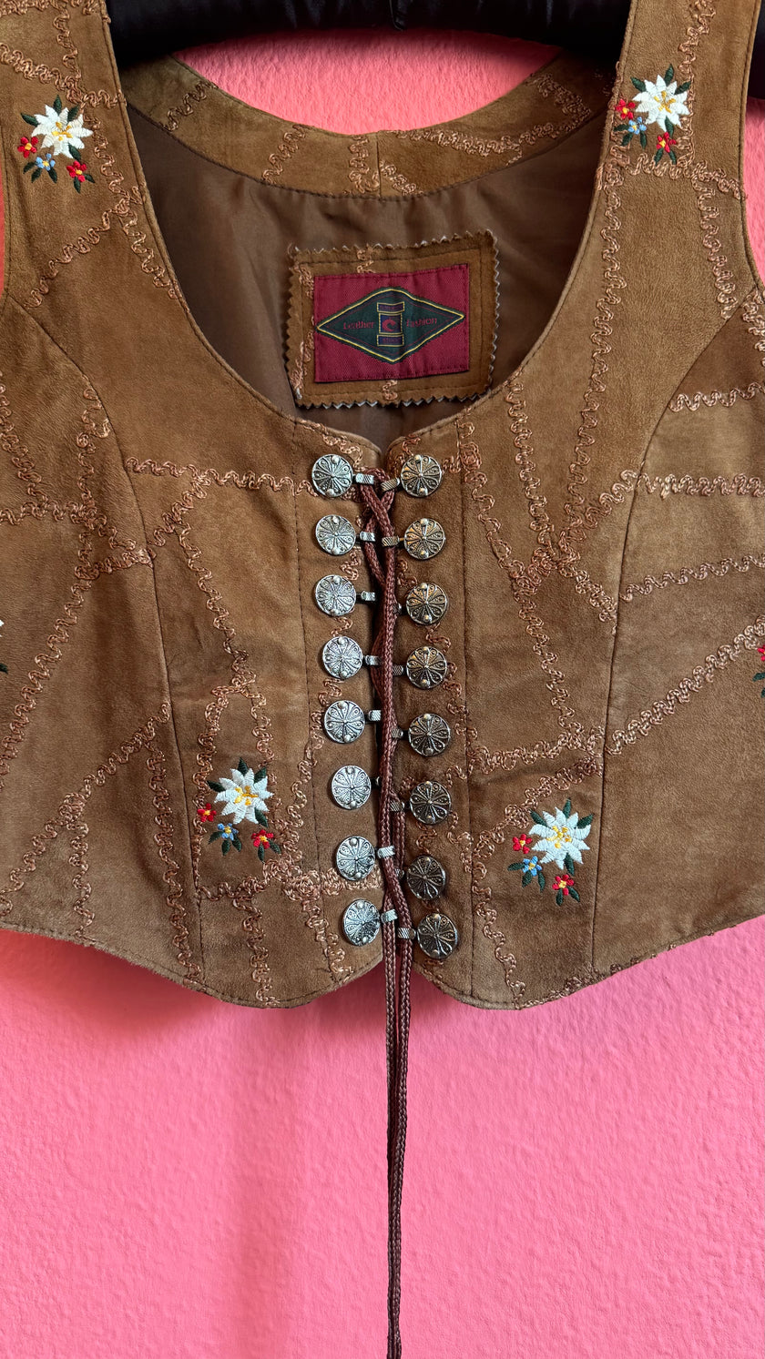 Vintage 1990s Brown Embroidered Folk Vest With Metal Buttons