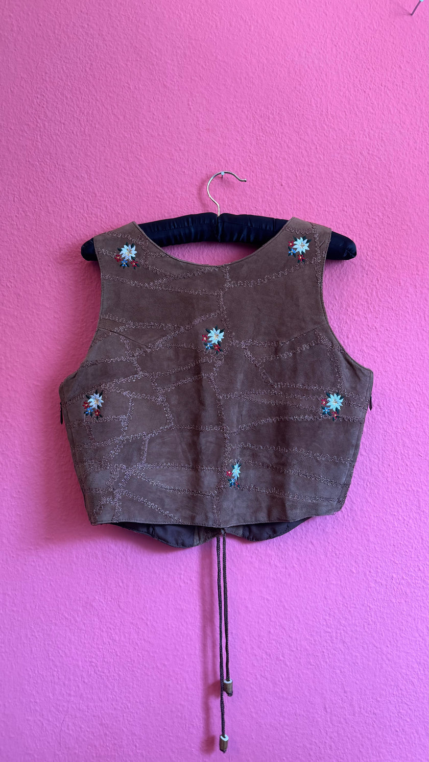 Vintage 1990s Brown Embroidered Folk Vest With Metal Buttons
