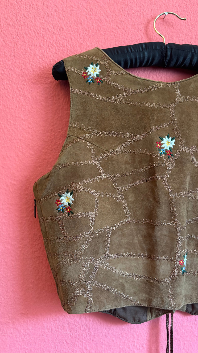 Vintage 1990s Brown Embroidered Folk Vest With Metal Buttons
