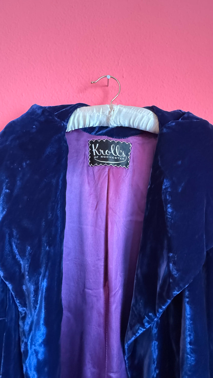 Vintage 1930s Blue Velvet Evening Coat By Kroll’s Of Rochester