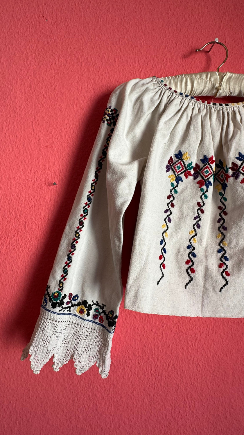Vintage 1970s Folk Embroidered Cotton Blouse