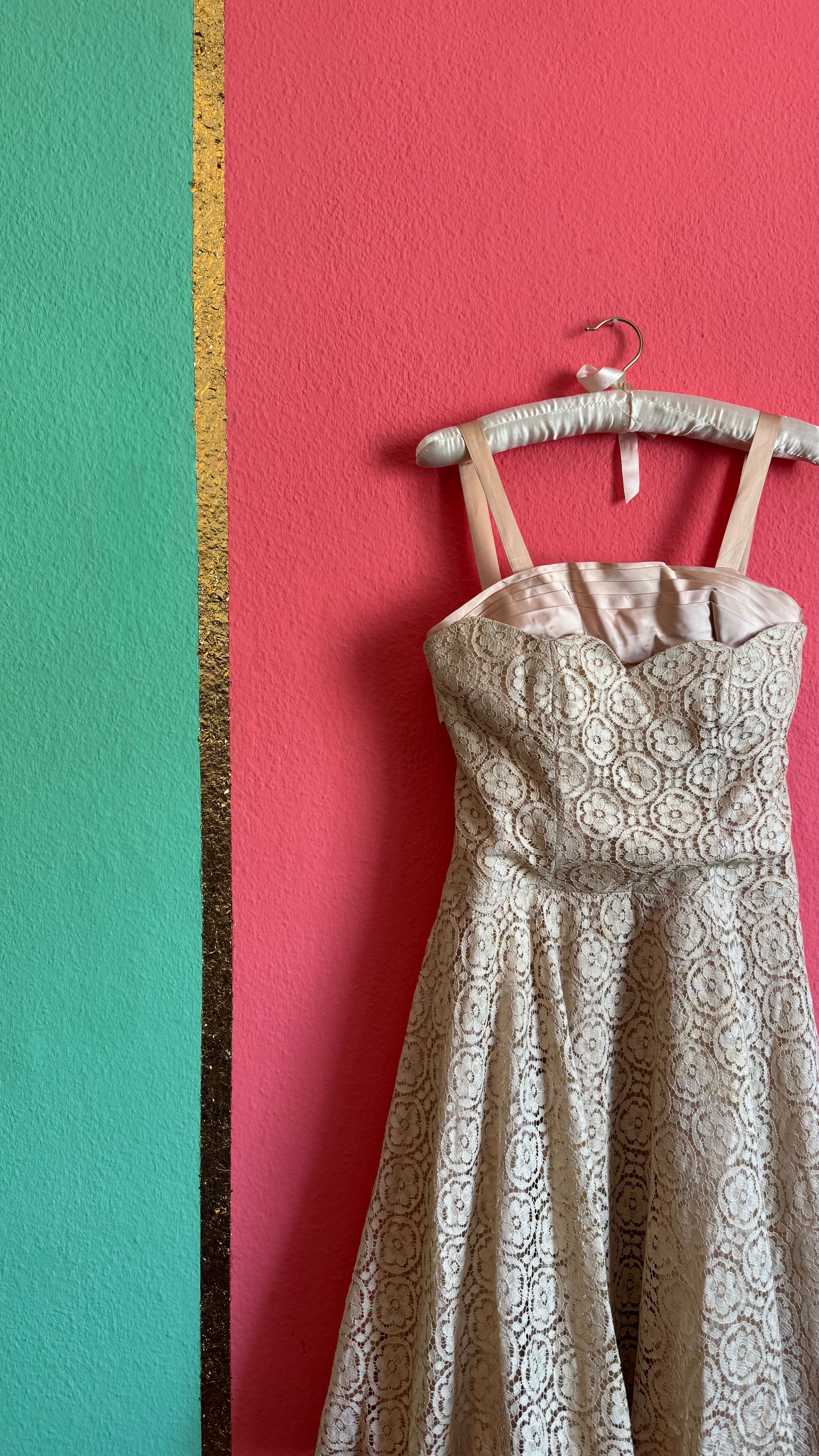 Vintage Estimated 1950s Cream Lace Party Dress With Satin Bow