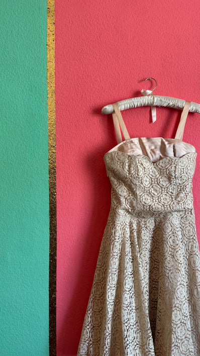 Vintage Estimated 1950s Cream Lace Party Dress With Satin Bow