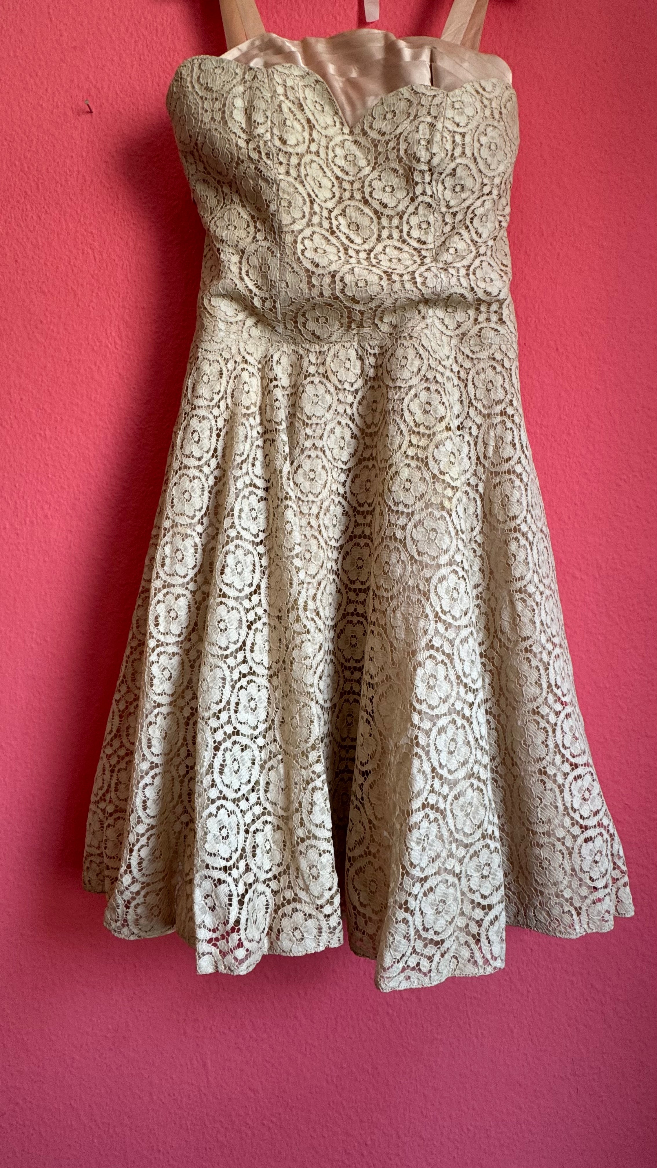 Vintage Estimated 1950s Cream Lace Party Dress With Satin Bow