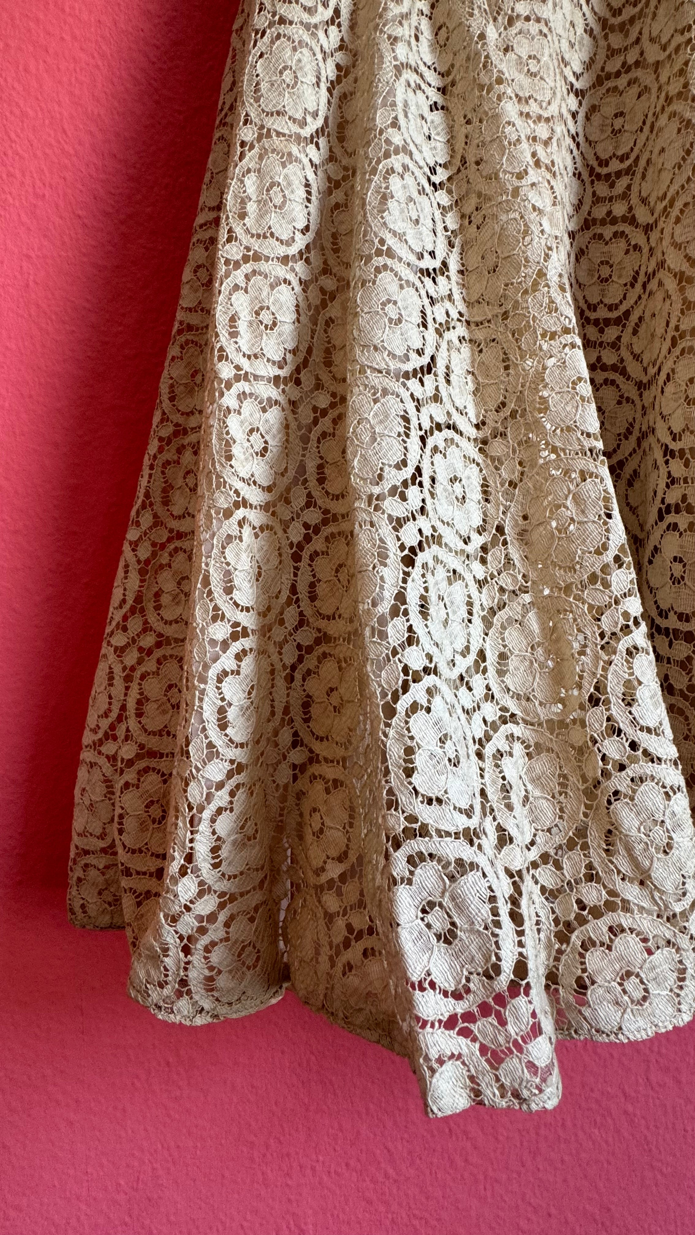 Vintage Estimated 1950s Cream Lace Party Dress With Satin Bow