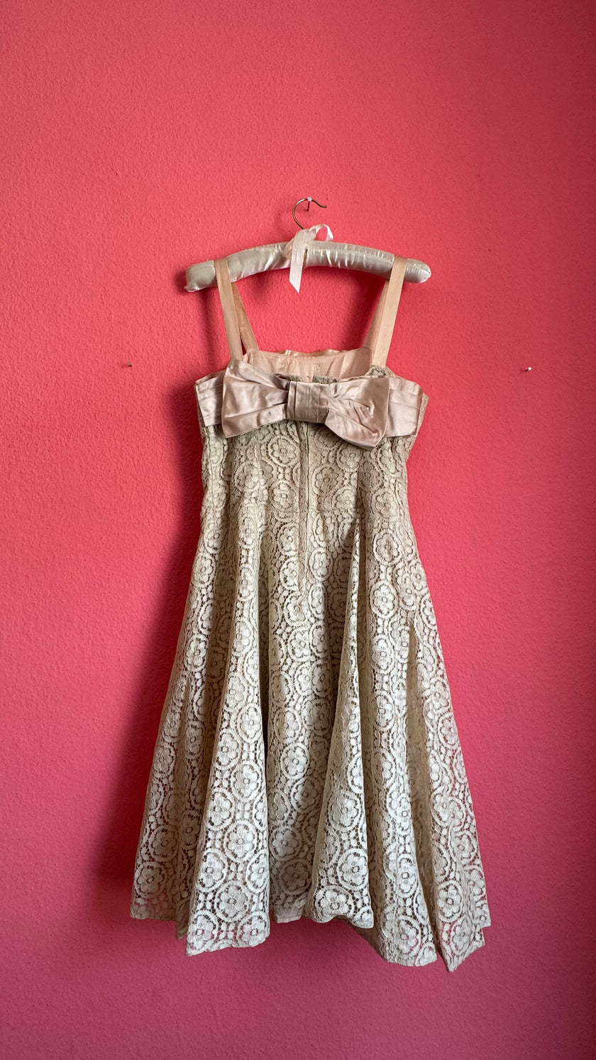 Vintage Estimated 1950s Cream Lace Party Dress With Satin Bow