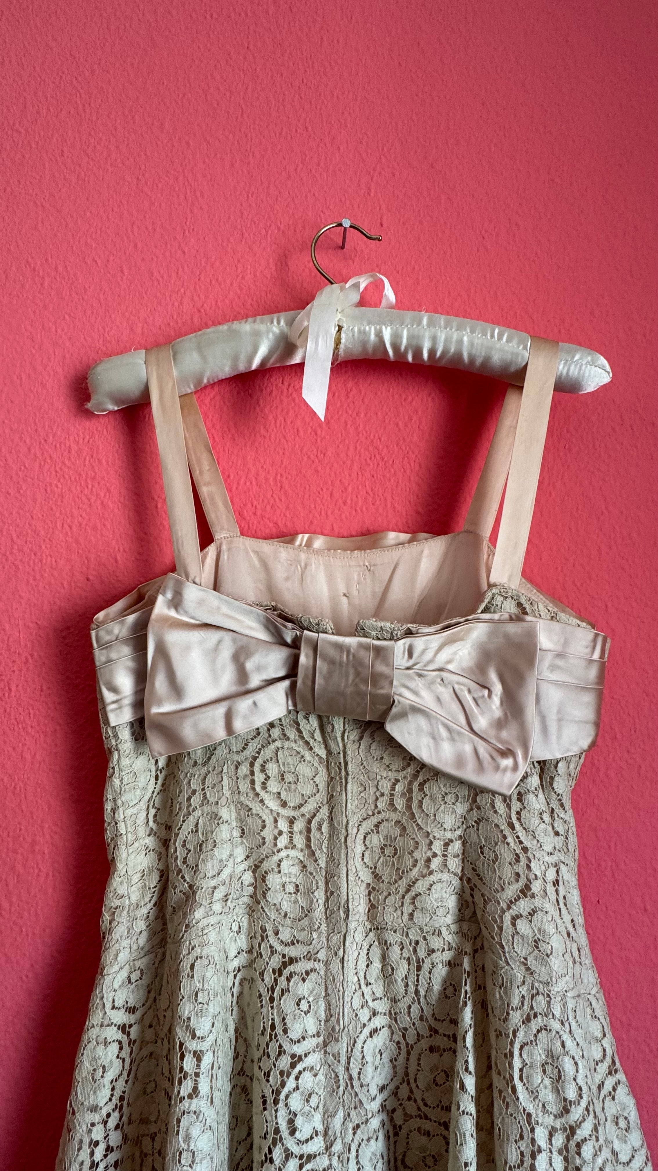 Vintage Estimated 1950s Cream Lace Party Dress With Satin Bow