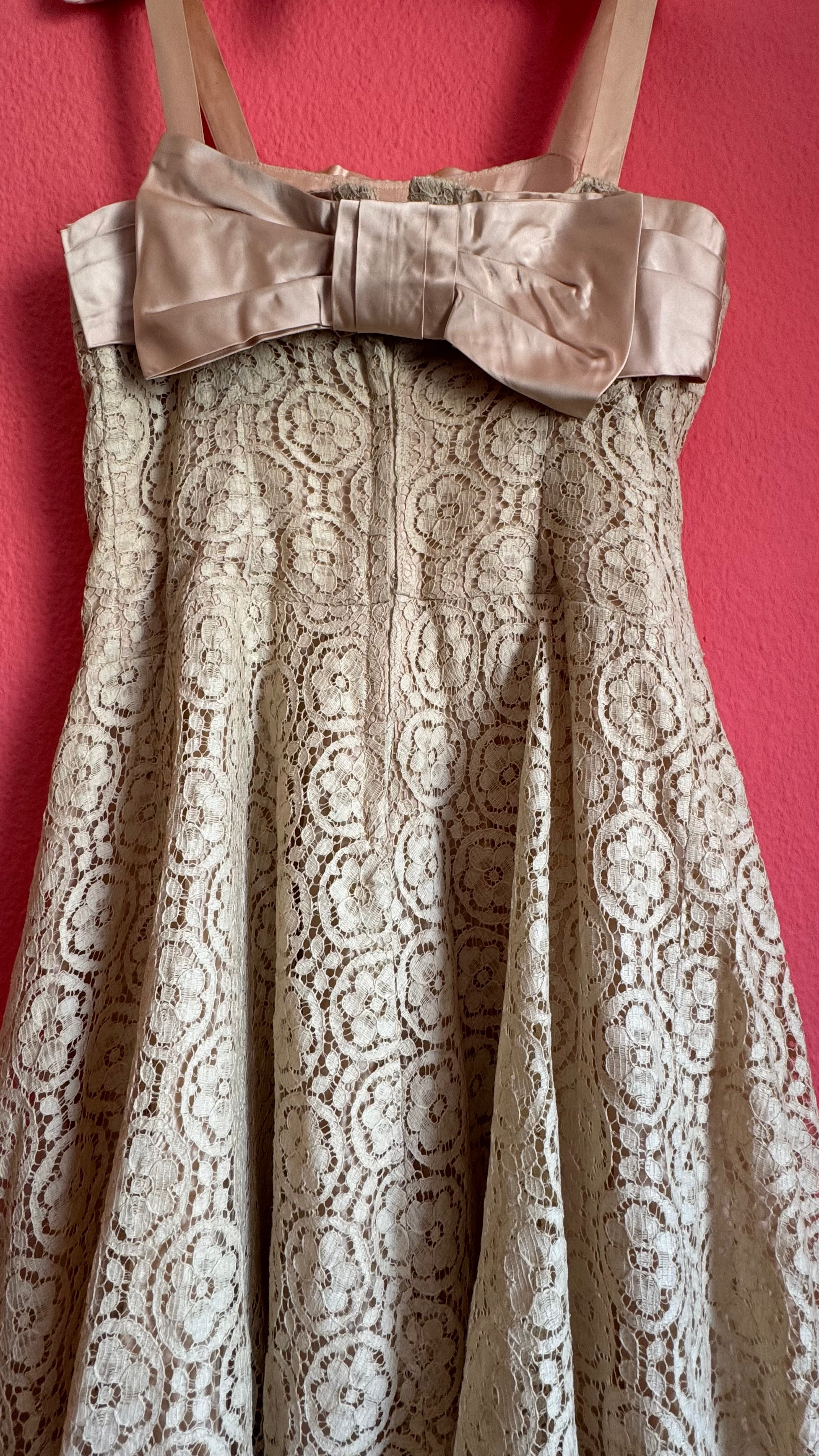 Vintage Estimated 1950s Cream Lace Party Dress With Satin Bow
