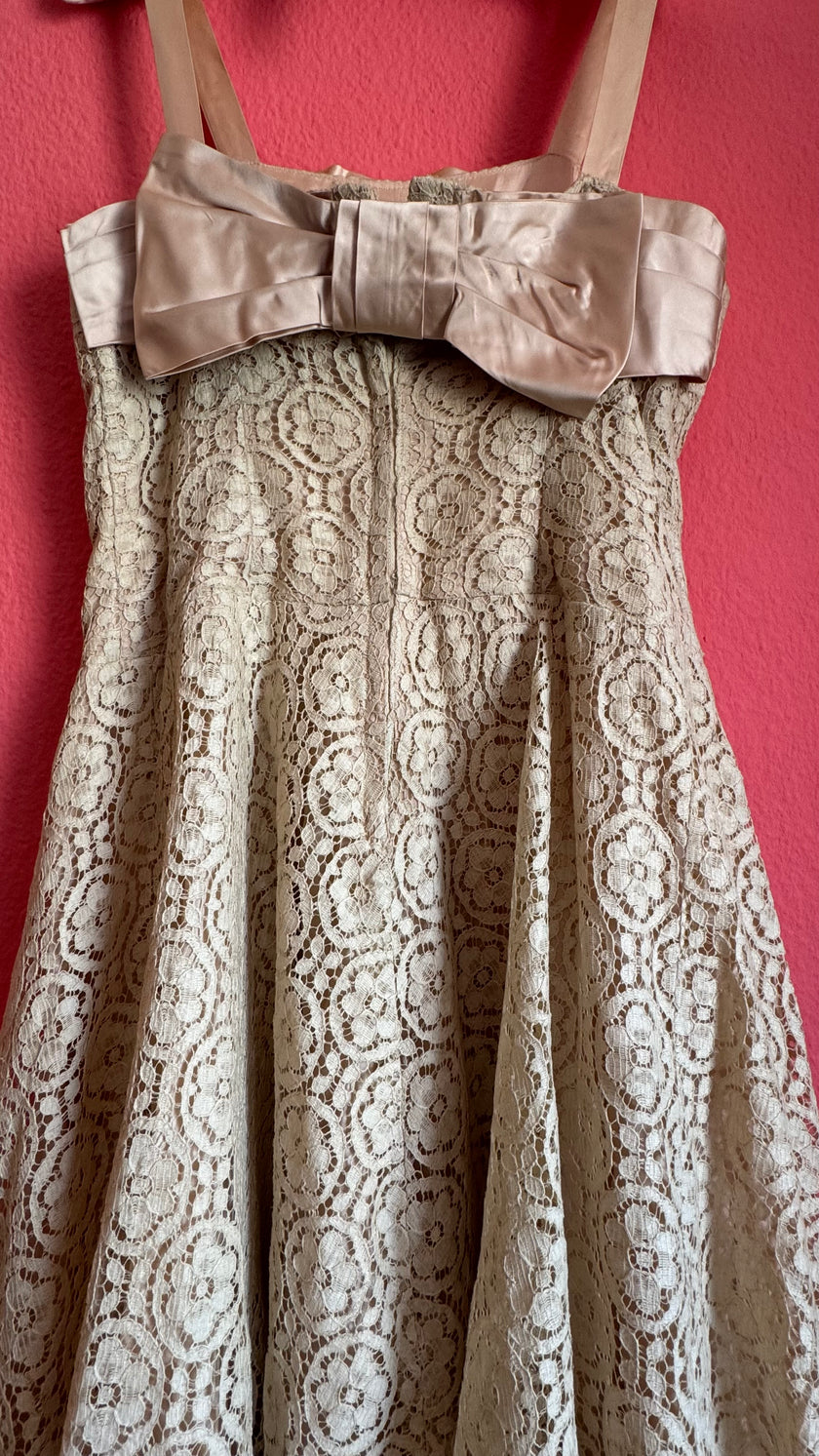 Vintage Estimated 1950s Cream Lace Party Dress With Satin Bow