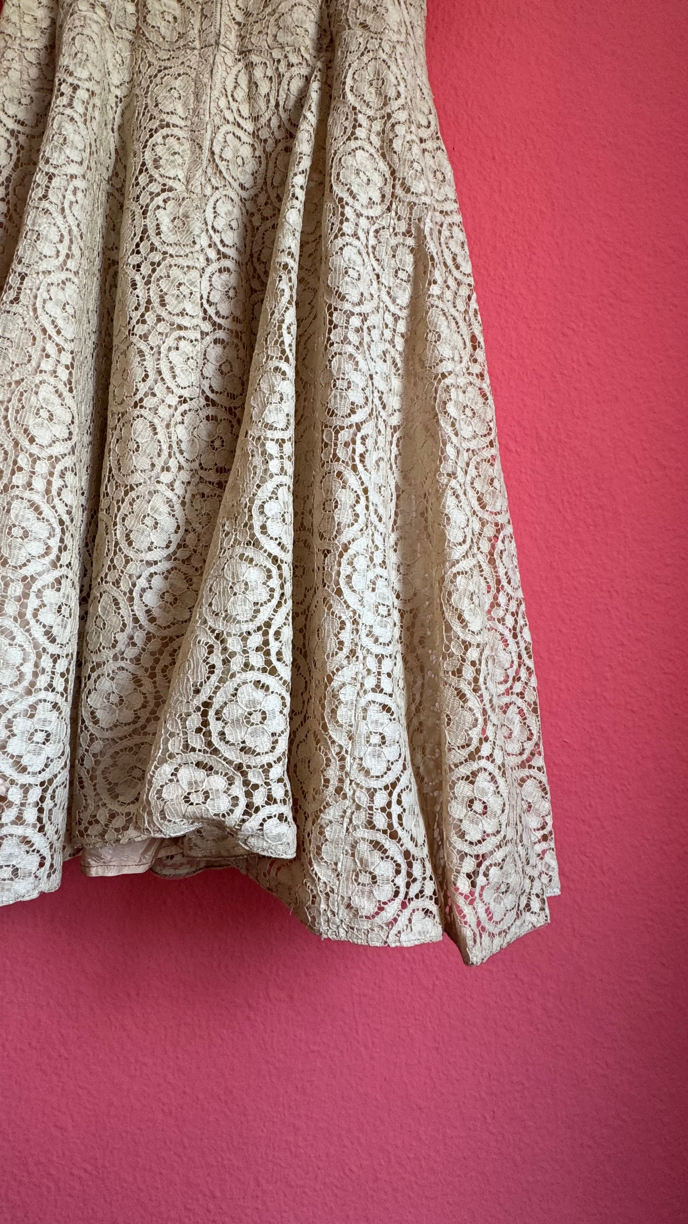 Vintage Estimated 1950s Cream Lace Party Dress With Satin Bow