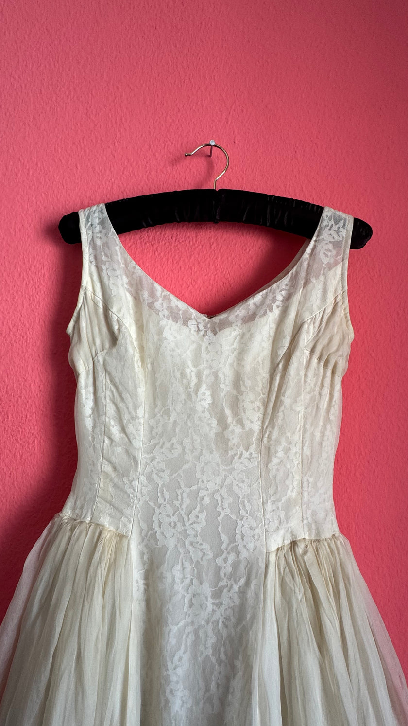 Vintage Emma Domb 1950s Ivory Lace Tulle Party Dress