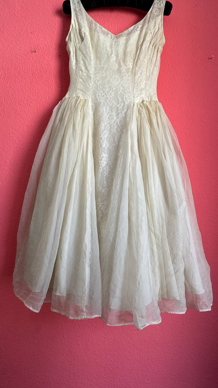 Vintage Emma Domb 1950s Ivory Lace Tulle Party Dress