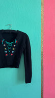 Vintage 1980s Black Cropped Knit Sweater With Floral Embroidery