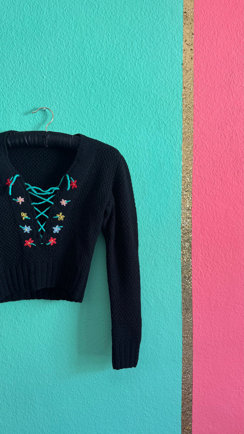 Vintage 1980s Black Cropped Knit Sweater With Floral Embroidery