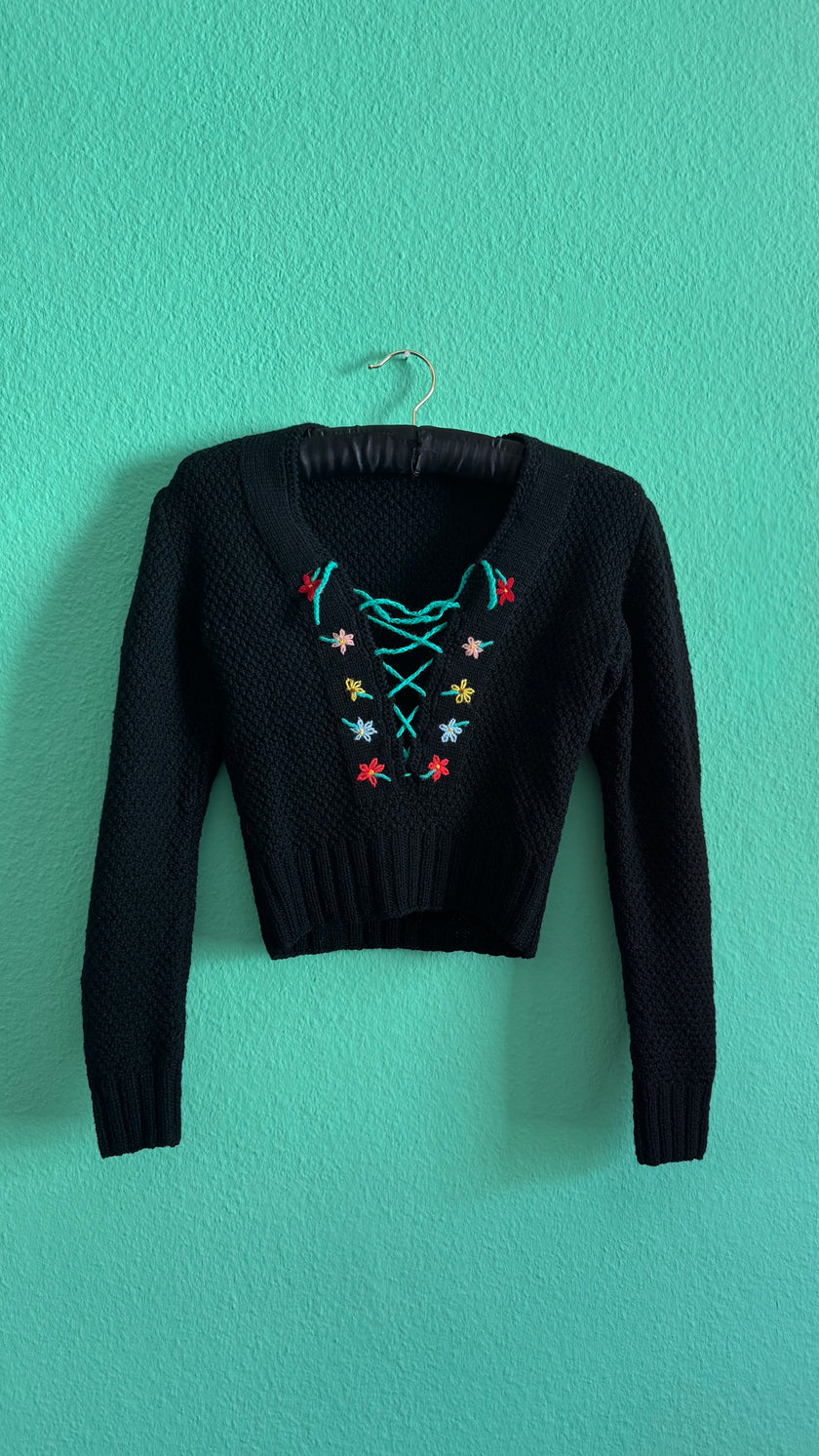 Vintage 1980s Black Cropped Knit Sweater With Floral Embroidery
