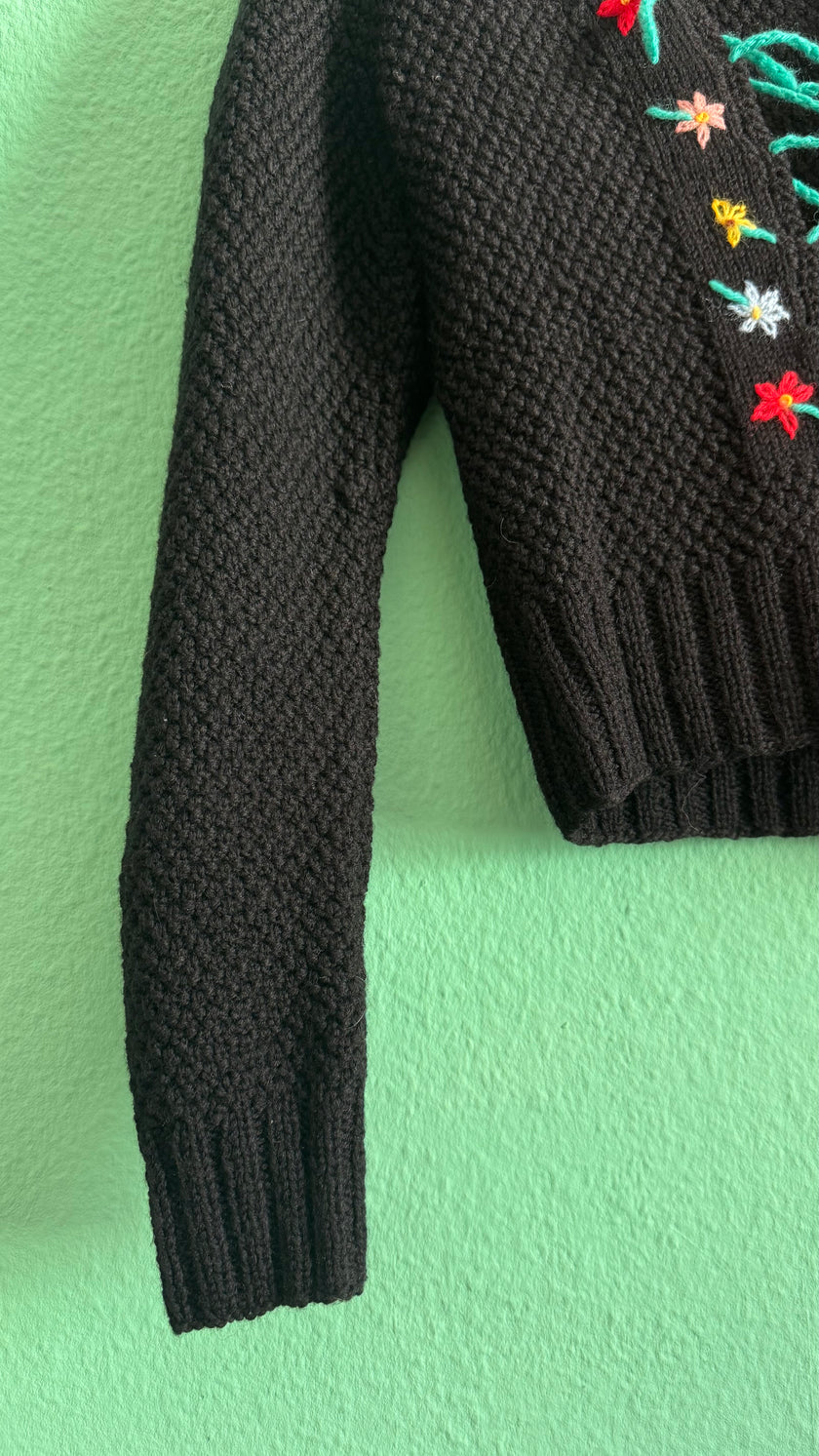 Vintage 1980s Black Cropped Knit Sweater With Floral Embroidery