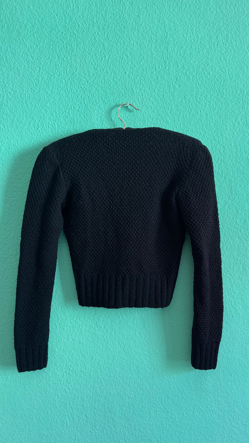 Vintage 1980s Black Cropped Knit Sweater With Floral Embroidery