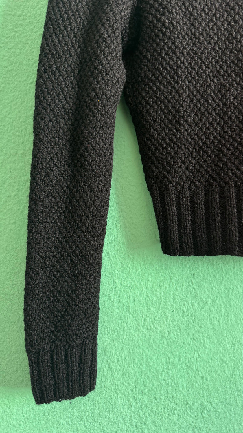 Vintage 1980s Black Cropped Knit Sweater With Floral Embroidery