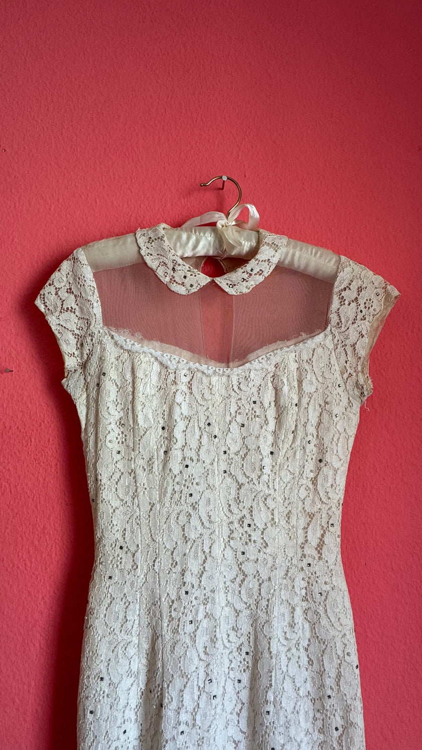Vintage 1950s Ivory Lace Wiggle Dress With Sheer Collar