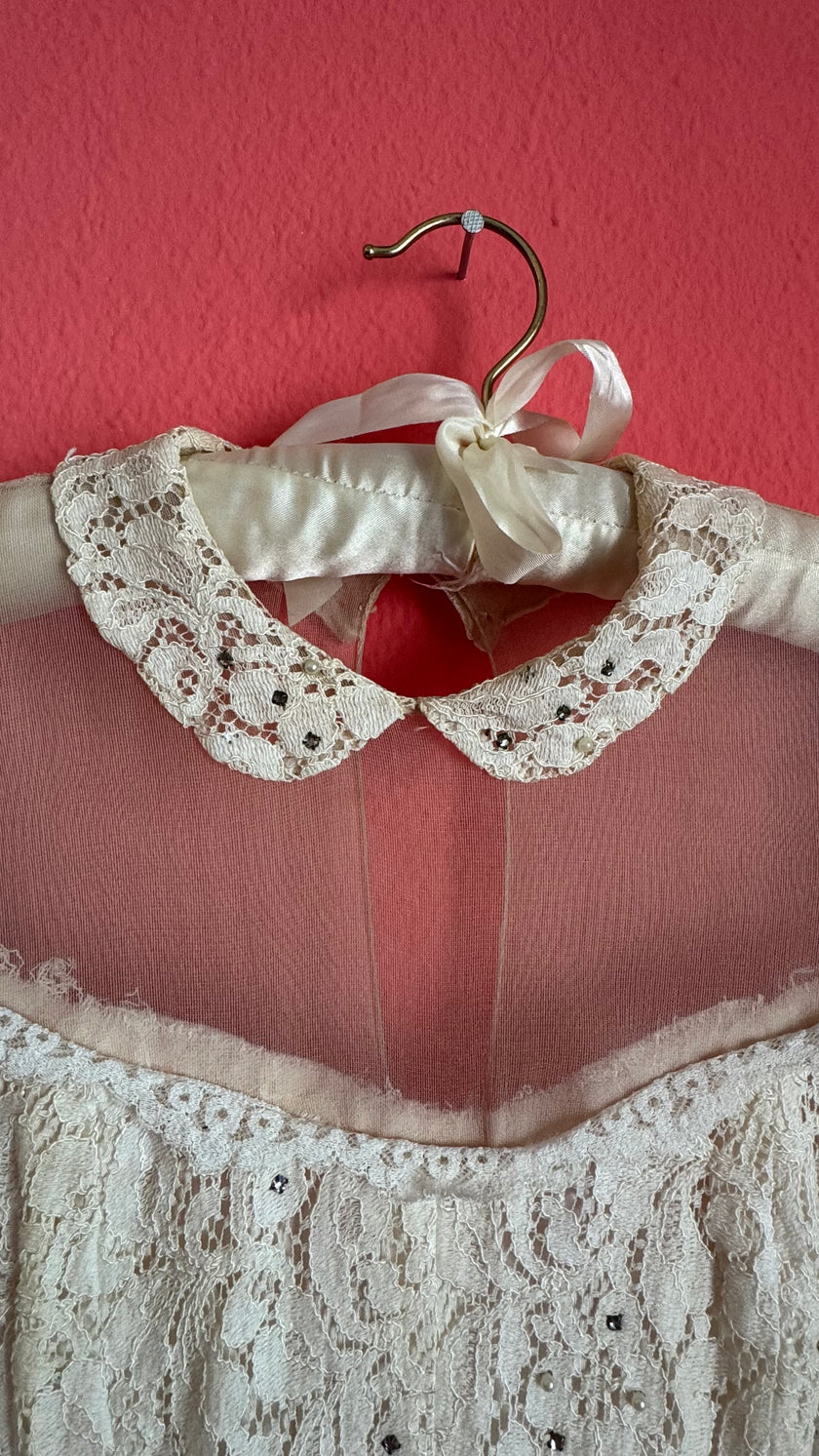 Vintage 1950s Ivory Lace Wiggle Dress With Sheer Collar