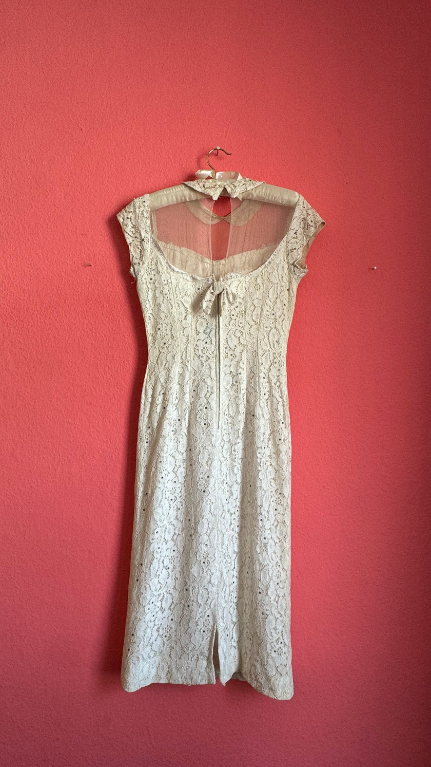 Vintage 1950s Ivory Lace Wiggle Dress With Sheer Collar