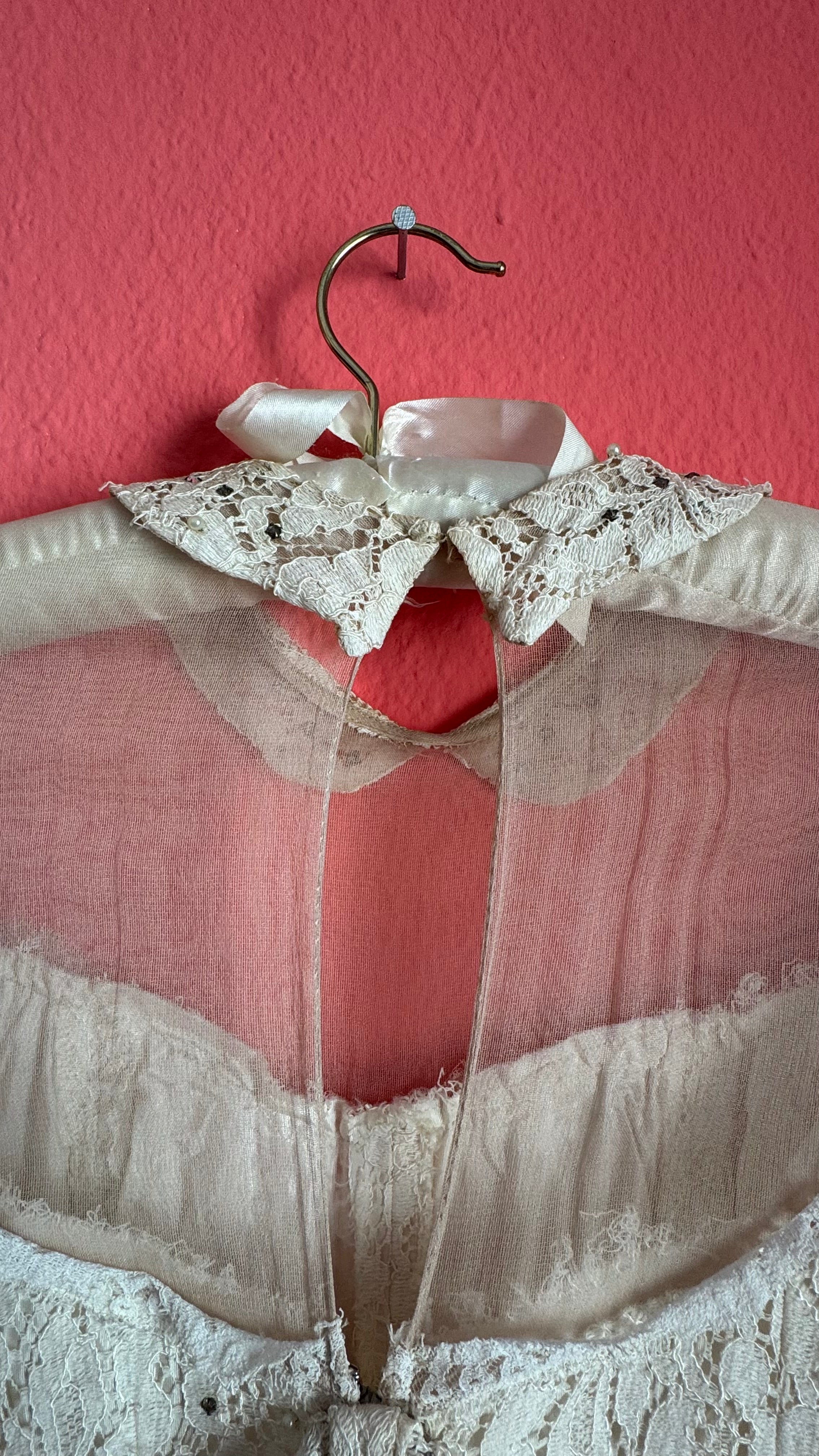 Vintage 1950s Ivory Lace Wiggle Dress With Sheer Collar