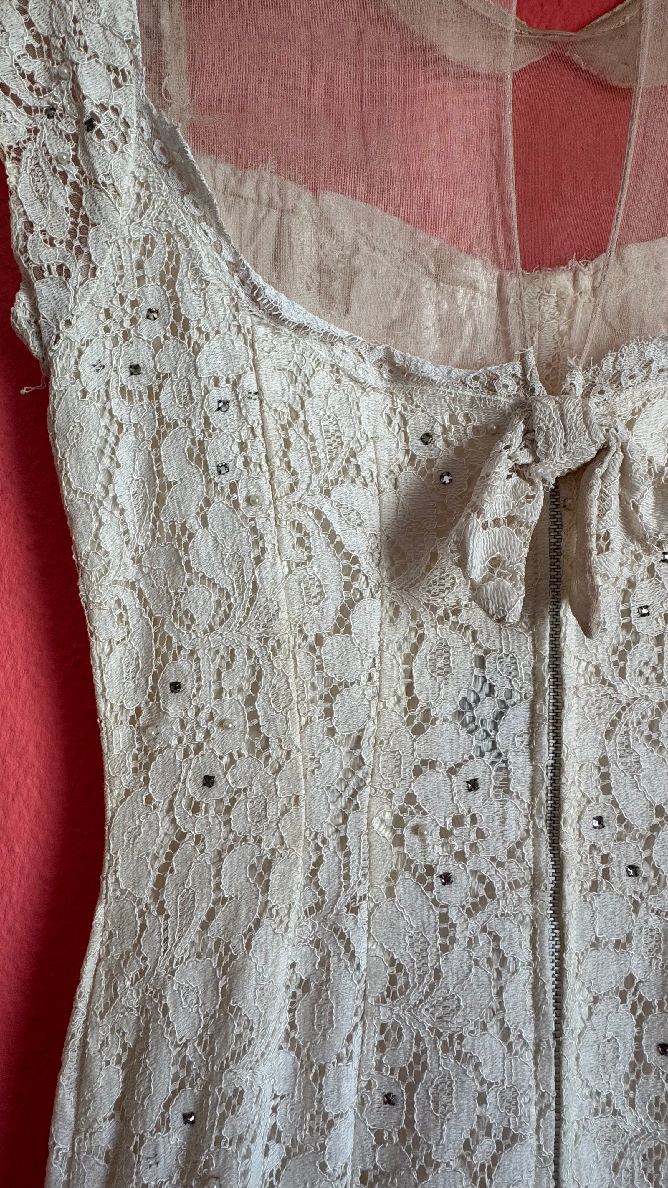 Vintage 1950s Ivory Lace Wiggle Dress With Sheer Collar