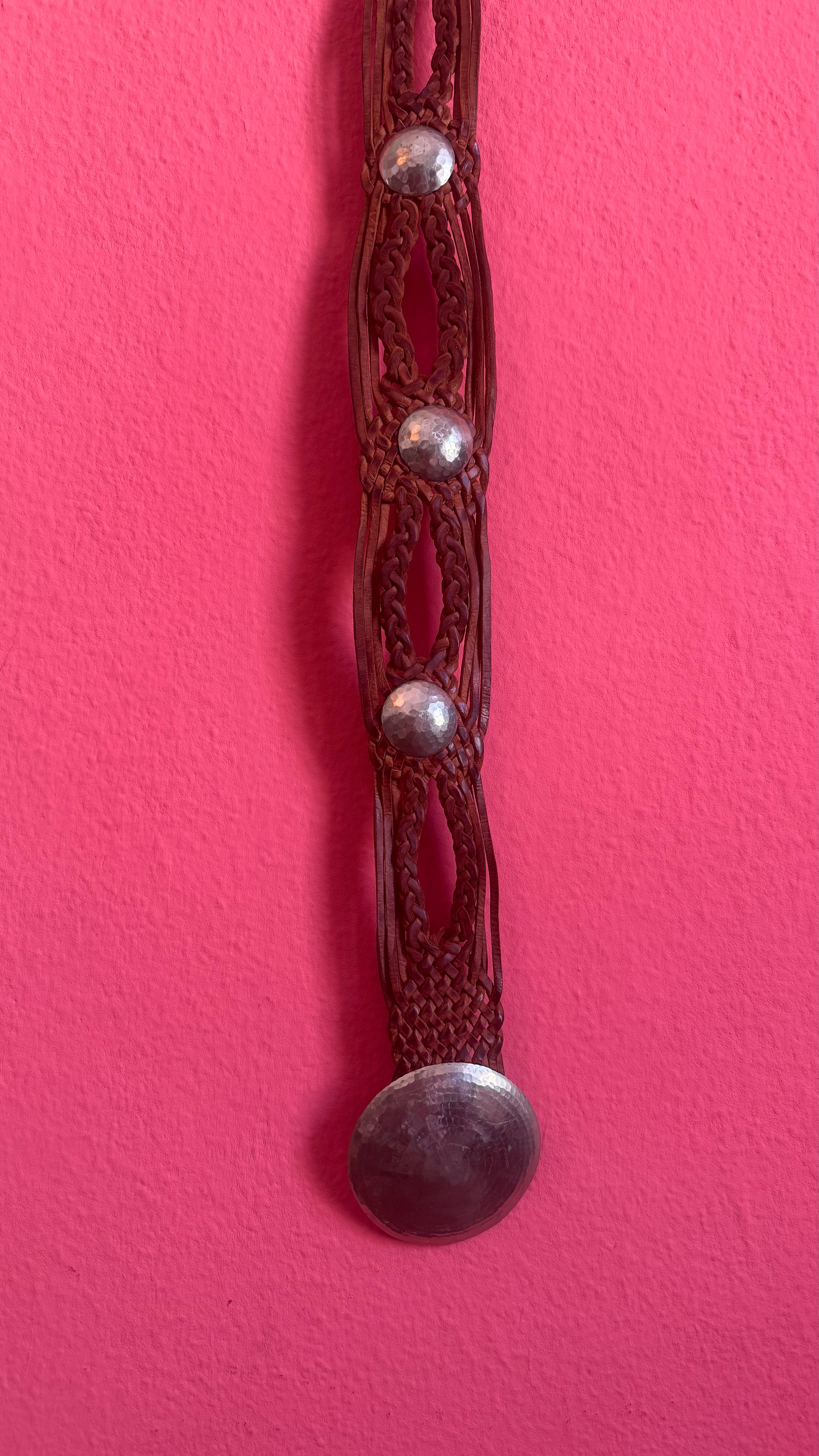 Vintage 1970s Brown Braided Leather Belt With Silver Buckle