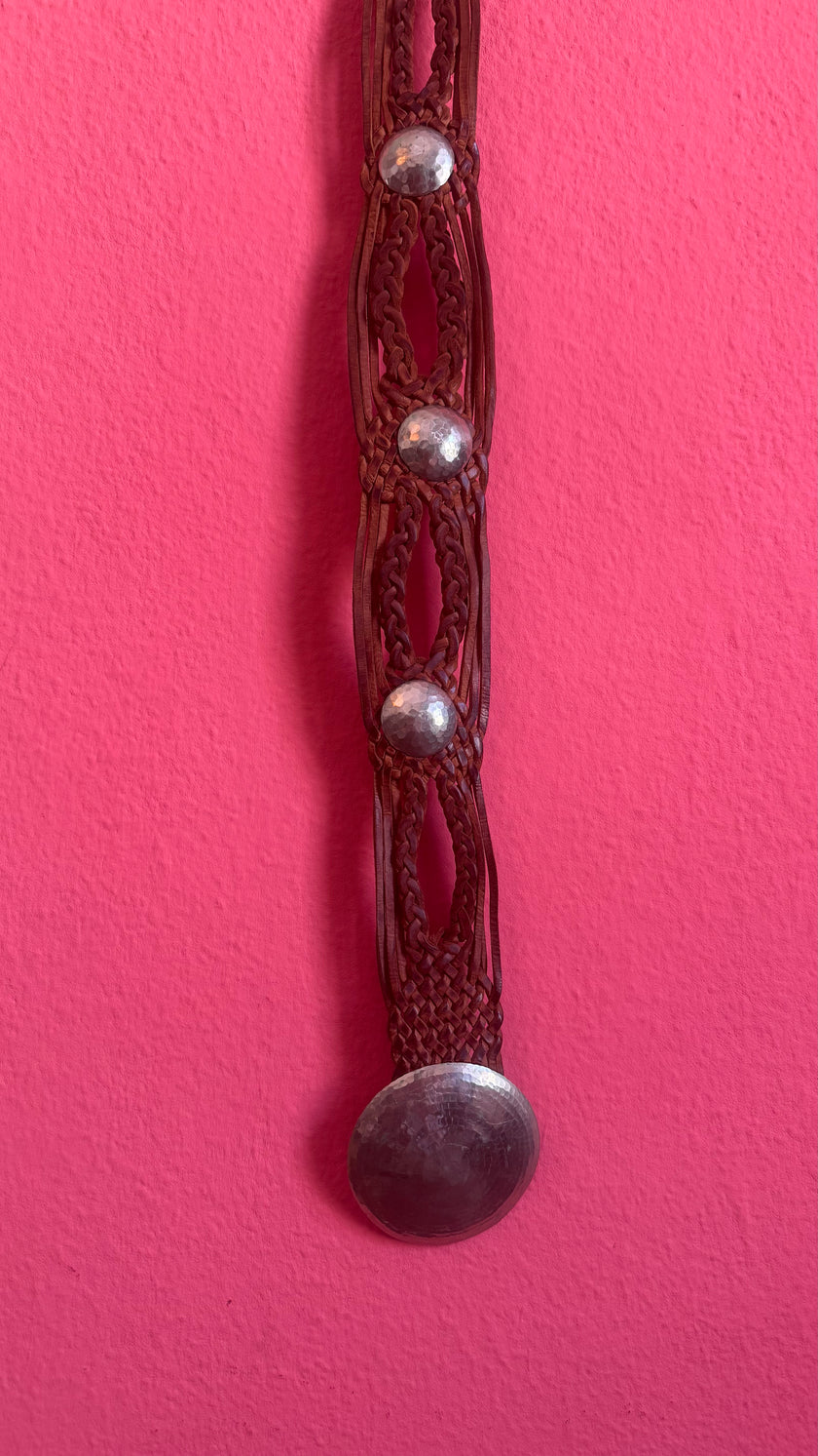 Vintage 1970s Brown Braided Leather Belt With Silver Buckle