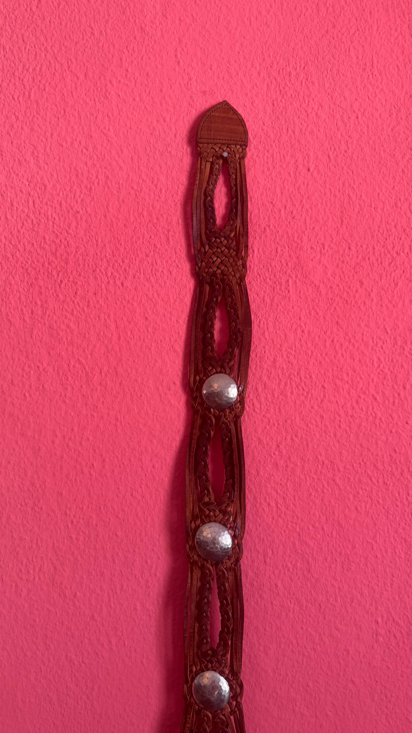 Vintage 1970s Brown Braided Leather Belt With Silver Buckle