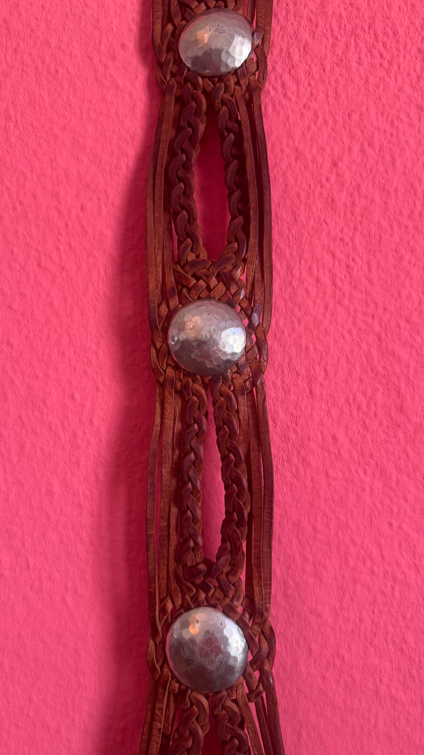 Vintage 1970s Brown Braided Leather Belt With Silver Buckle