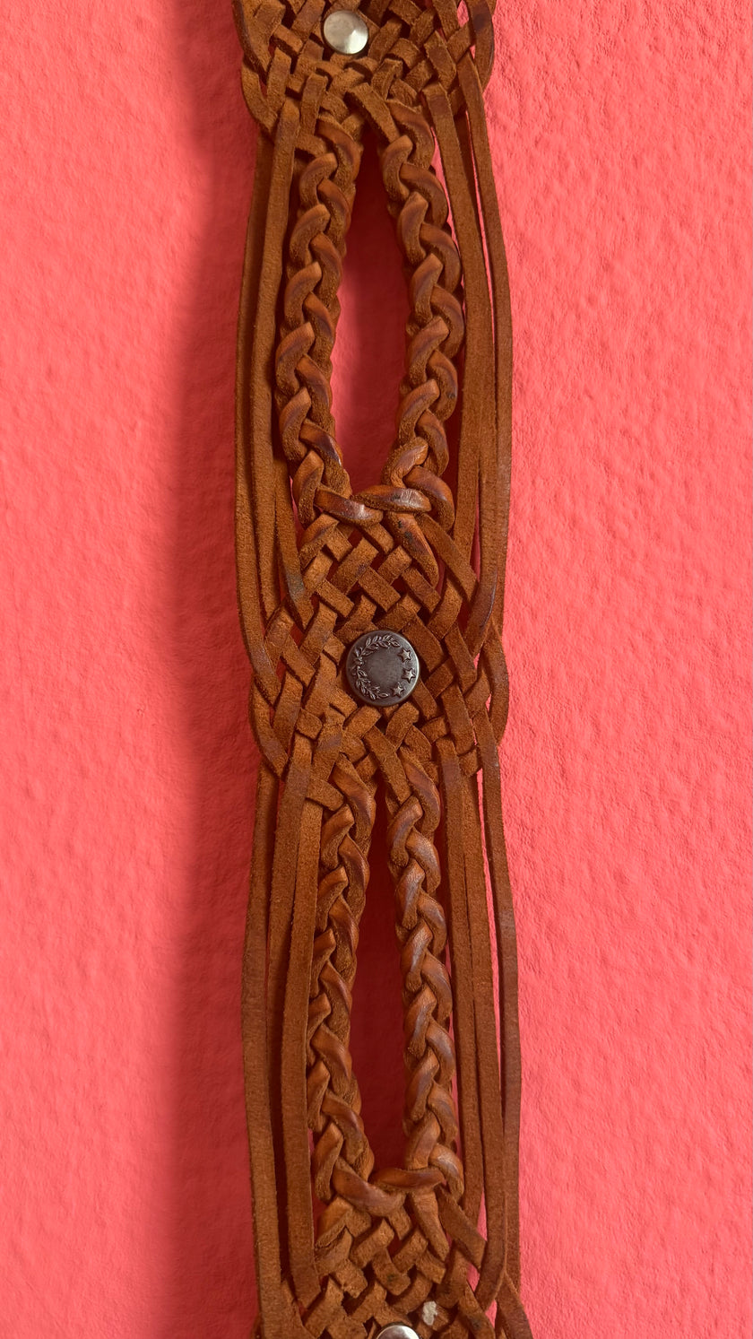 Vintage 1970s Brown Braided Leather Belt With Silver Buckle