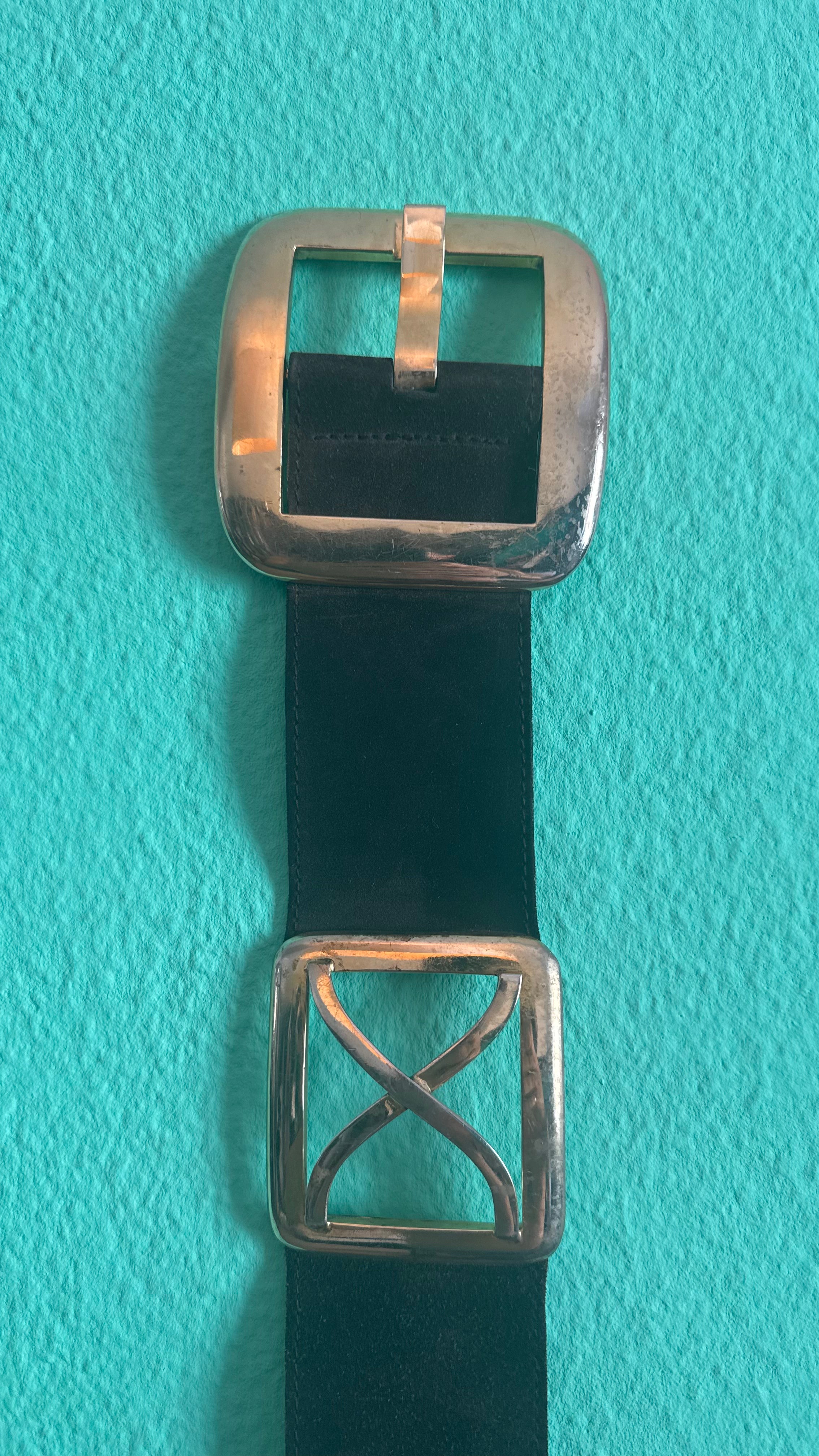 Vintage 1990s Black Leather Belt With Silver-Tone Buckles