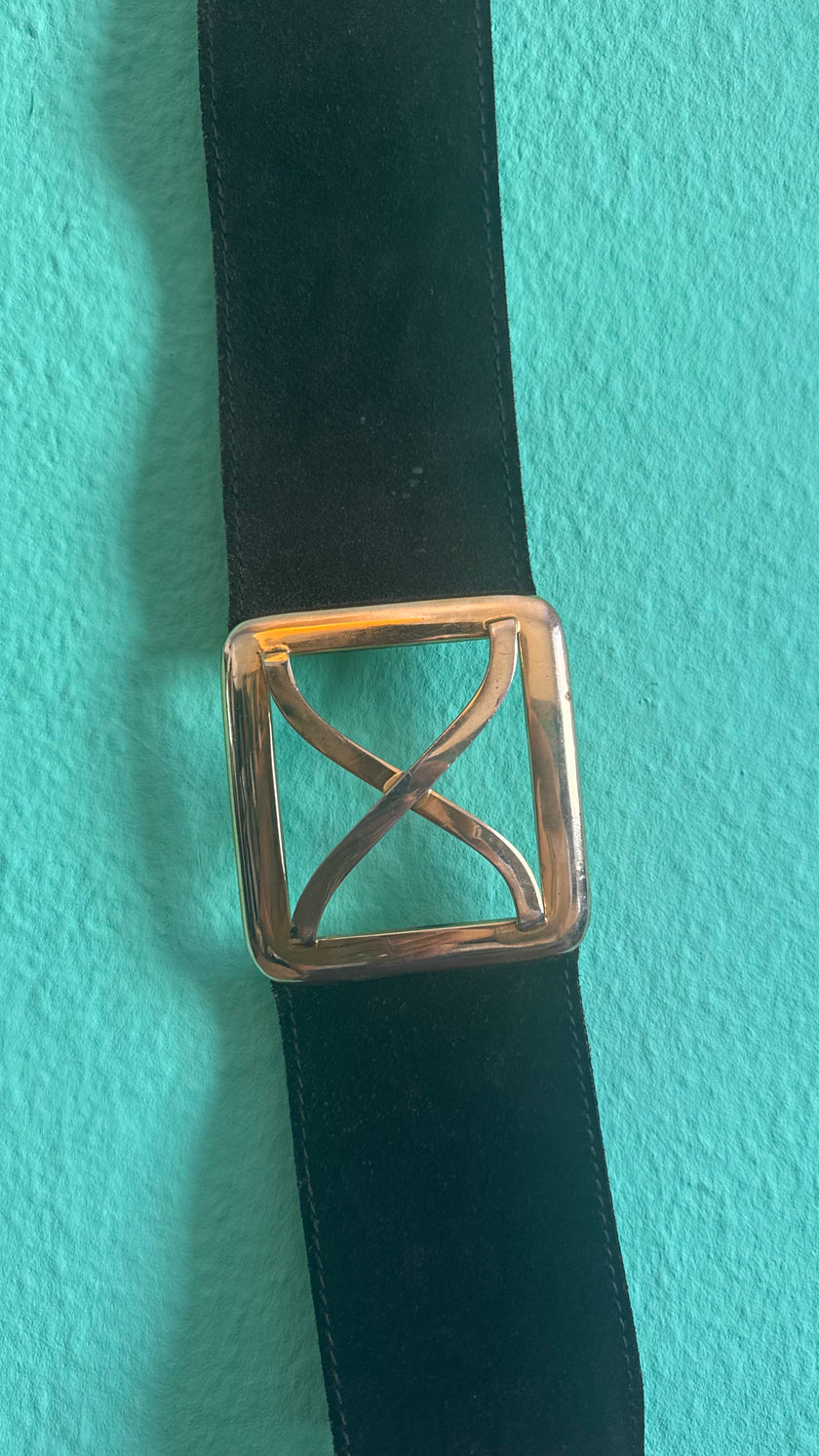 Vintage 1990s Black Leather Belt With Silver-Tone Buckles