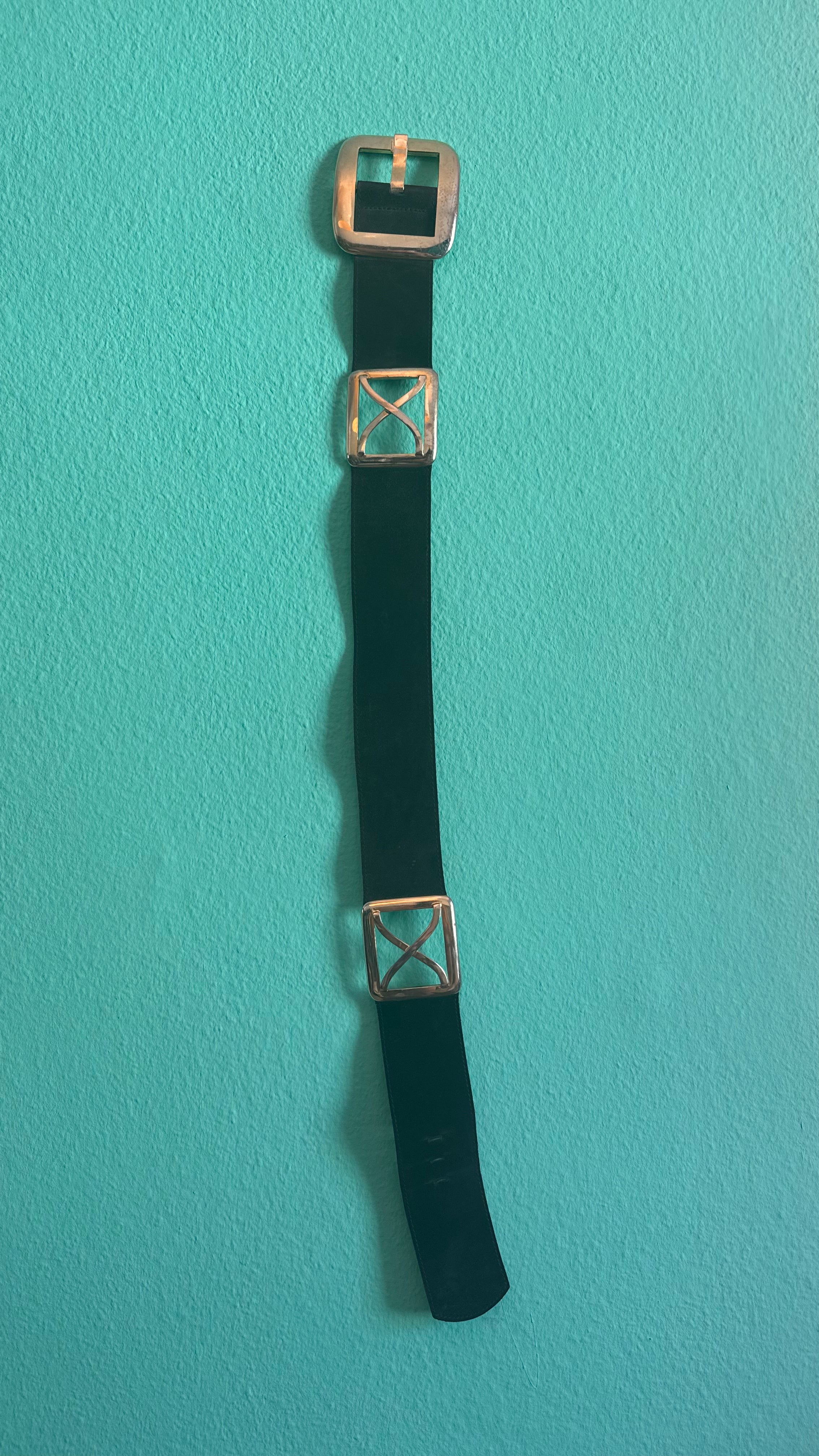 Vintage 1990s Black Leather Belt With Silver-Tone Buckles