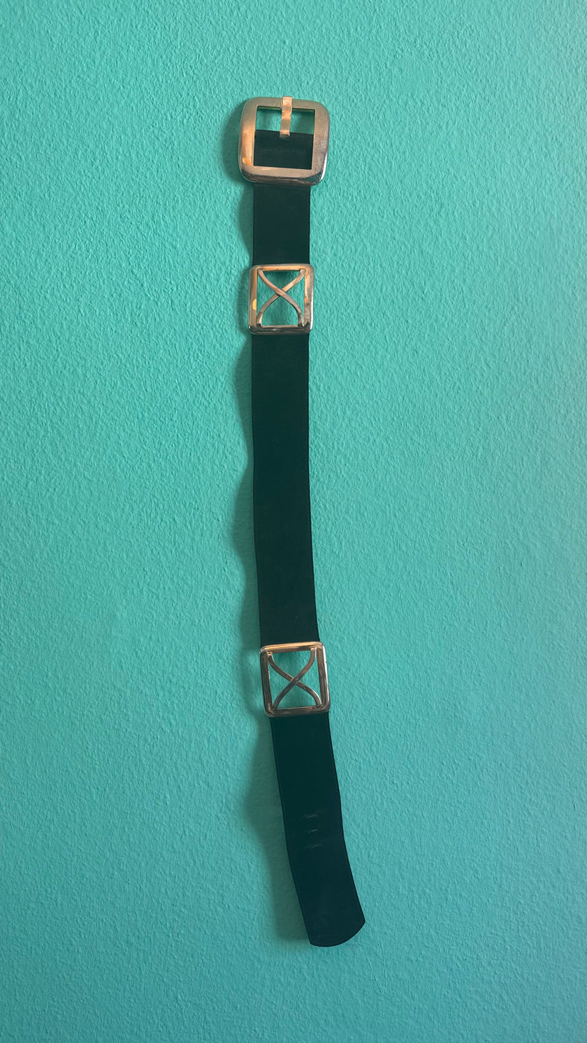 Vintage 1990s Black Leather Belt With Silver-Tone Buckles