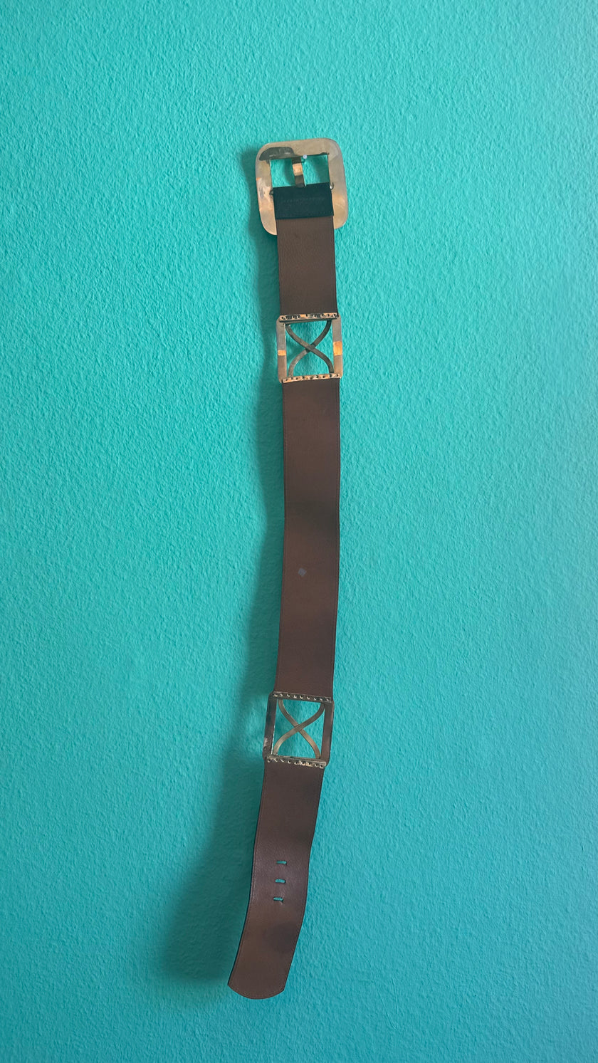 Vintage 1990s Black Leather Belt With Silver-Tone Buckles