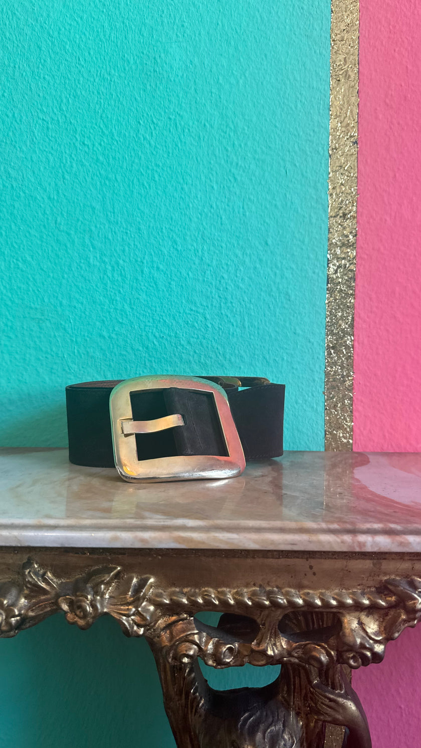 Vintage 1990s Black Leather Belt With Silver-Tone Buckles