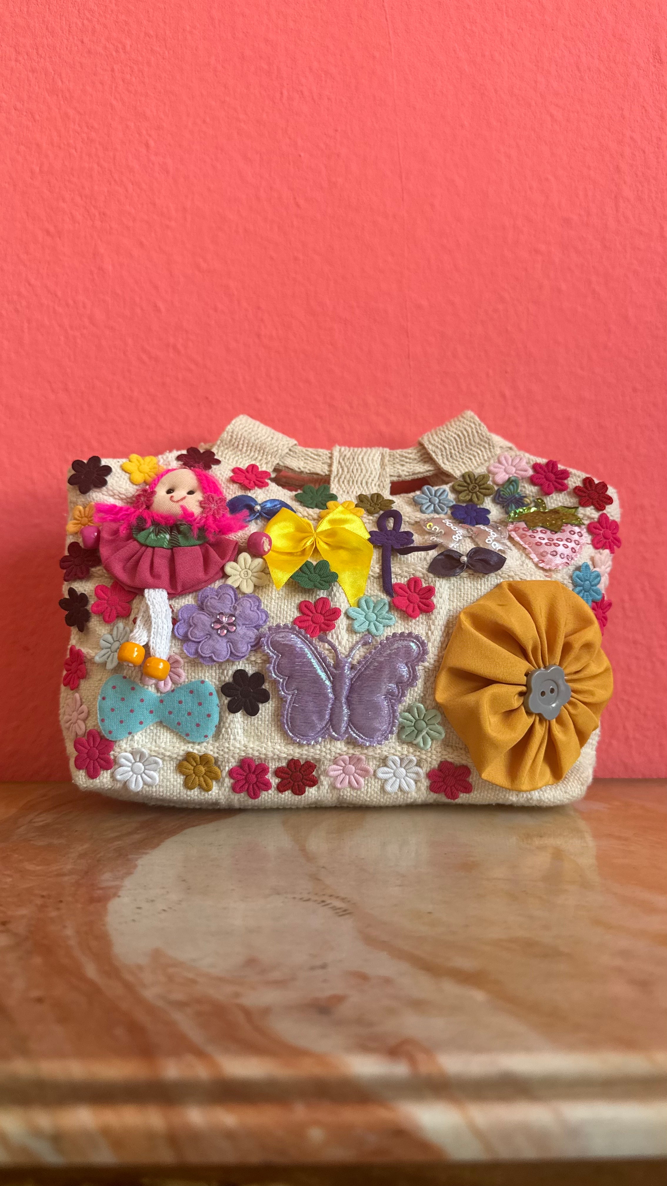 Vintage 1990s Handmade Embellished Canvas Bag