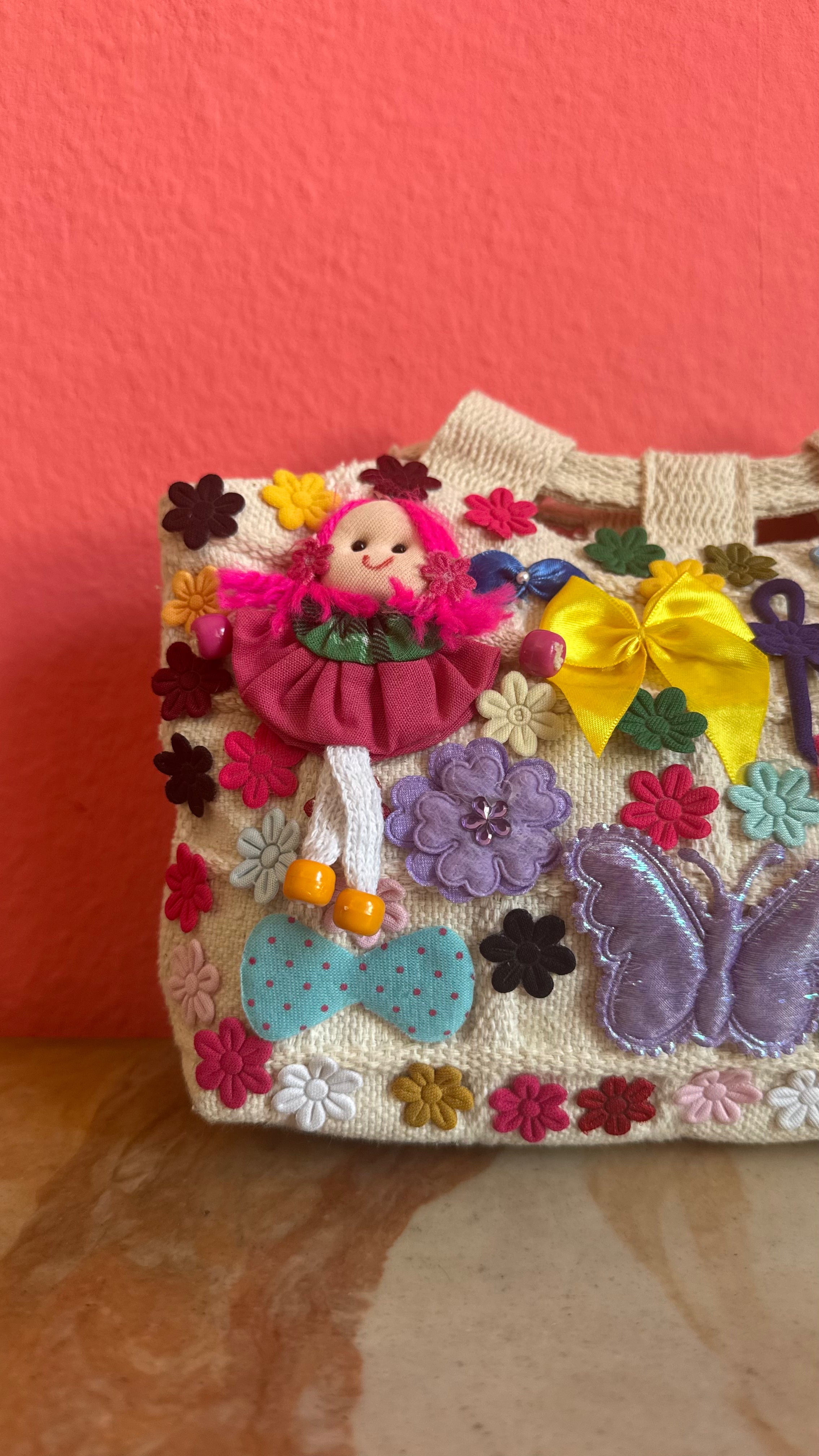 Vintage 1990s Handmade Embellished Canvas Bag