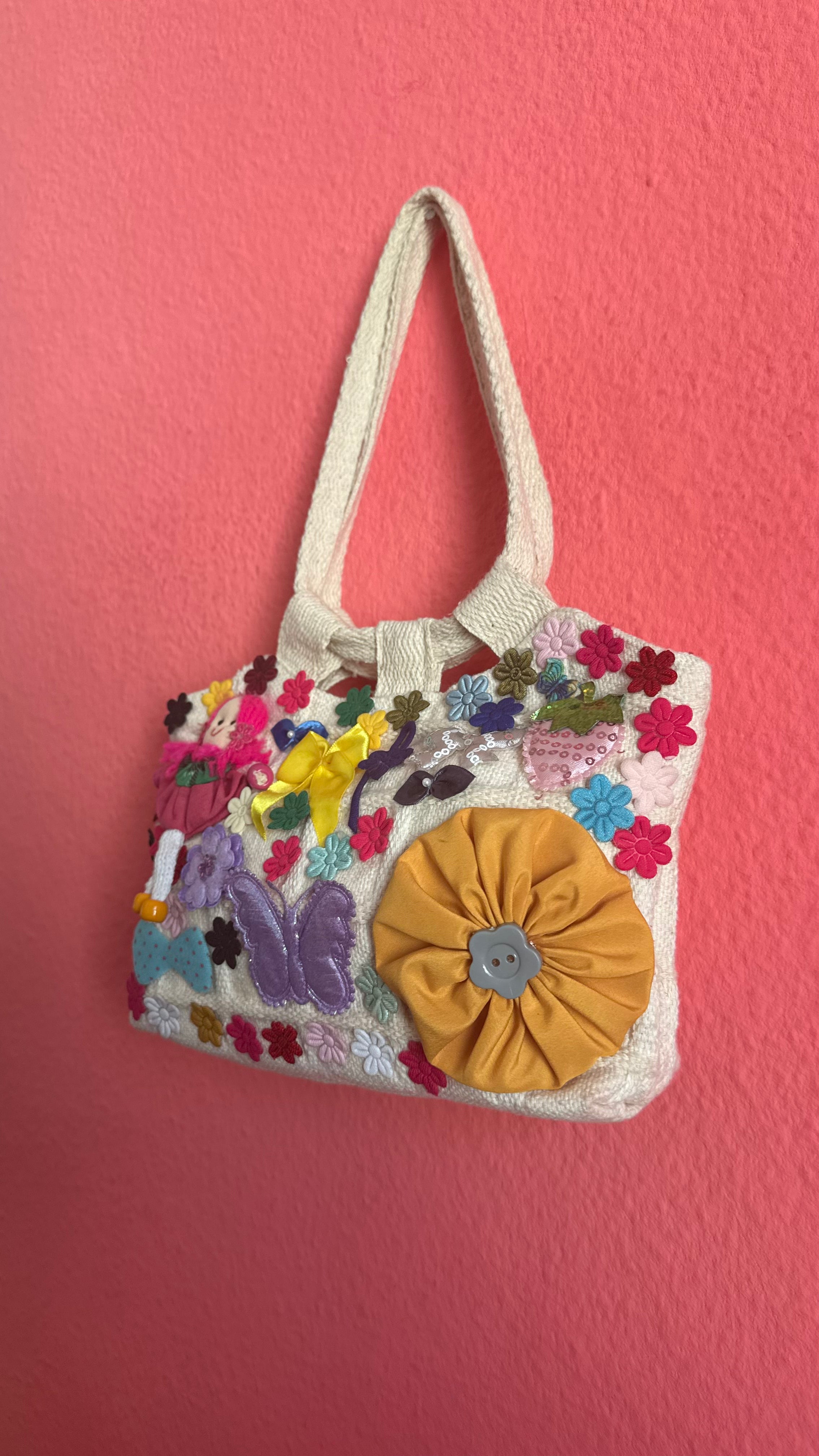 Vintage 1990s Handmade Embellished Canvas Bag