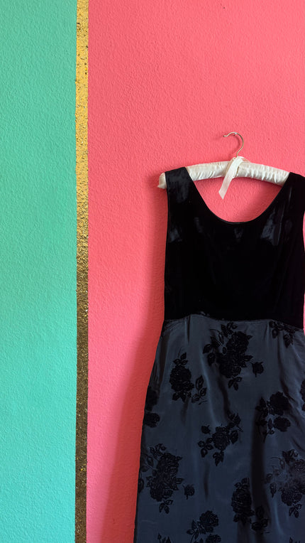 Vintage 1990s Black Velvet and Grey Flocked Rose Maxi Dress by Blanes London